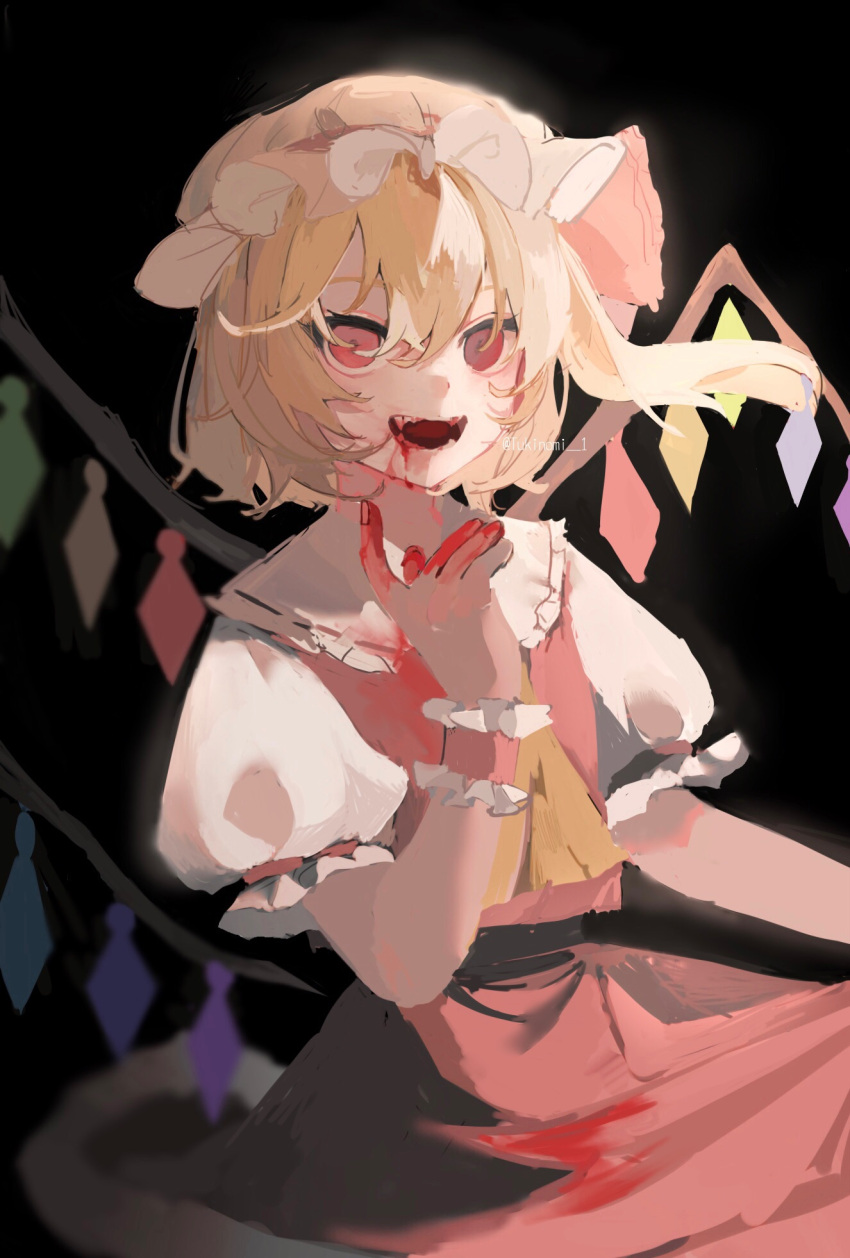 1girl ascot black_background blonde_hair blood blood_from_mouth blood_on_clothes blood_on_hands collared_shirt commentary_request fangs flandre_scarlet frilled_shirt_collar frilled_sleeves frills hair_between_eyes hat highres looking_at_viewer medium_hair mob_cap multicolored_wings open_mouth puffy_short_sleeves puffy_sleeves red_eyes red_skirt red_vest shirt short_sleeves simple_background skirt skirt_set solo touhou vest white_headwear white_shirt wings wrist_cuffs yellow_ascot za_(user_hrdd3775)