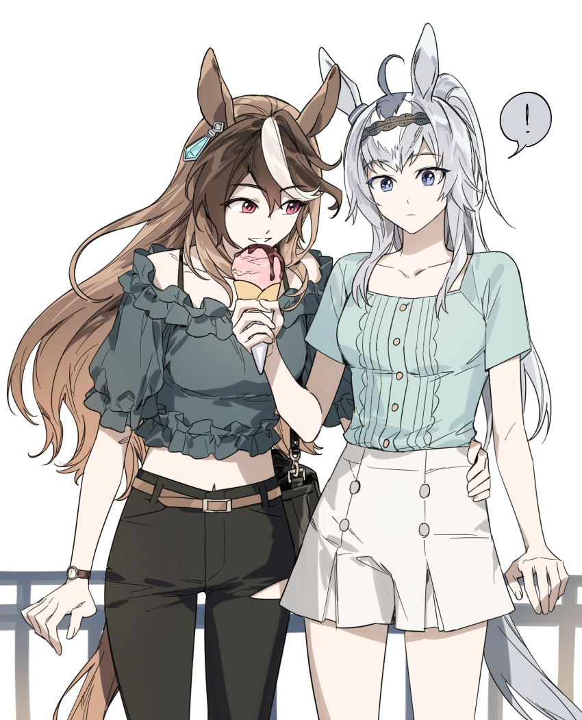 2girls ahoge alternate_hairstyle animal_ears arm_support bag bangs black_pants breasts brown_hair closed_mouth collarbone cowboy_shot crop_top dimseomjang-gun earrings food green_shirt grey_hair hairband hand_on_another's_hip handbag highres holding holding_food horse_ears horse_girl horse_tail ice_cream jewelry korean_commentary long_hair looking_at_another medium_breasts midriff multicolored_hair multiple_girls navel oguri_cap_(umamusume) open_mouth pants ponytail railing red_eyes shirt short_sleeves shorts simple_background single_earring smile standing streaked_hair symboli_rudolf_(umamusume) tail umamusume watch watch white_background white_shorts