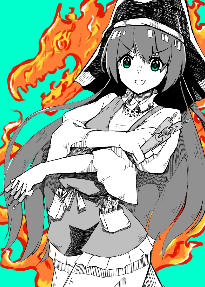 1girl :d absurdres apron aqua_background aqua_eyes bangs between_fingers dress gurajio haniyasushin_keiki head_scarf highres limited_palette long_hair looking_at_viewer open_mouth pocket single_strap smile solo touhou v-shaped_eyebrows wood_carving_tool