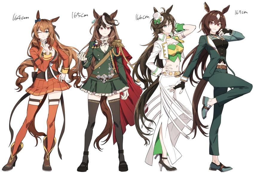 4girls ahoge animal_ears arm_up bandeau bangs belt black_footwear black_gloves black_thighhighs blue_eyes boots breasts brown_eyes brown_footwear brown_hair cape choker closed_mouth coat commentary cropped_jacket dimseomjang-gun epaulettes fingerless_gloves full_body gloves green_coat green_eyes green_jacket green_pants hand_on_hip hand_up hat height_chart high_heels highres horse_ears horse_girl horse_tail jabot jacket korean_commentary loafers long_hair long_sleeves looking_at_viewer maruzensky_(umamusume) medal medium_breasts midriff mini_hat mini_top_hat mr._c.b._(umamusume) multicolored_hair multiple_girls navel one_eye_closed open_clothes open_jacket outstretched_arm pants red_jacket red_skirt red_thighhighs shoes simple_background single_epaulette single_sleeve sirius_symboli_(umamusume) skirt small_breasts smile standing standing_on_one_leg strappy_heels streaked_hair symboli_rudolf_(umamusume) tail thigh-highs thigh_strap top_hat umamusume white_background white_gloves white_pants zettai_ryouiki