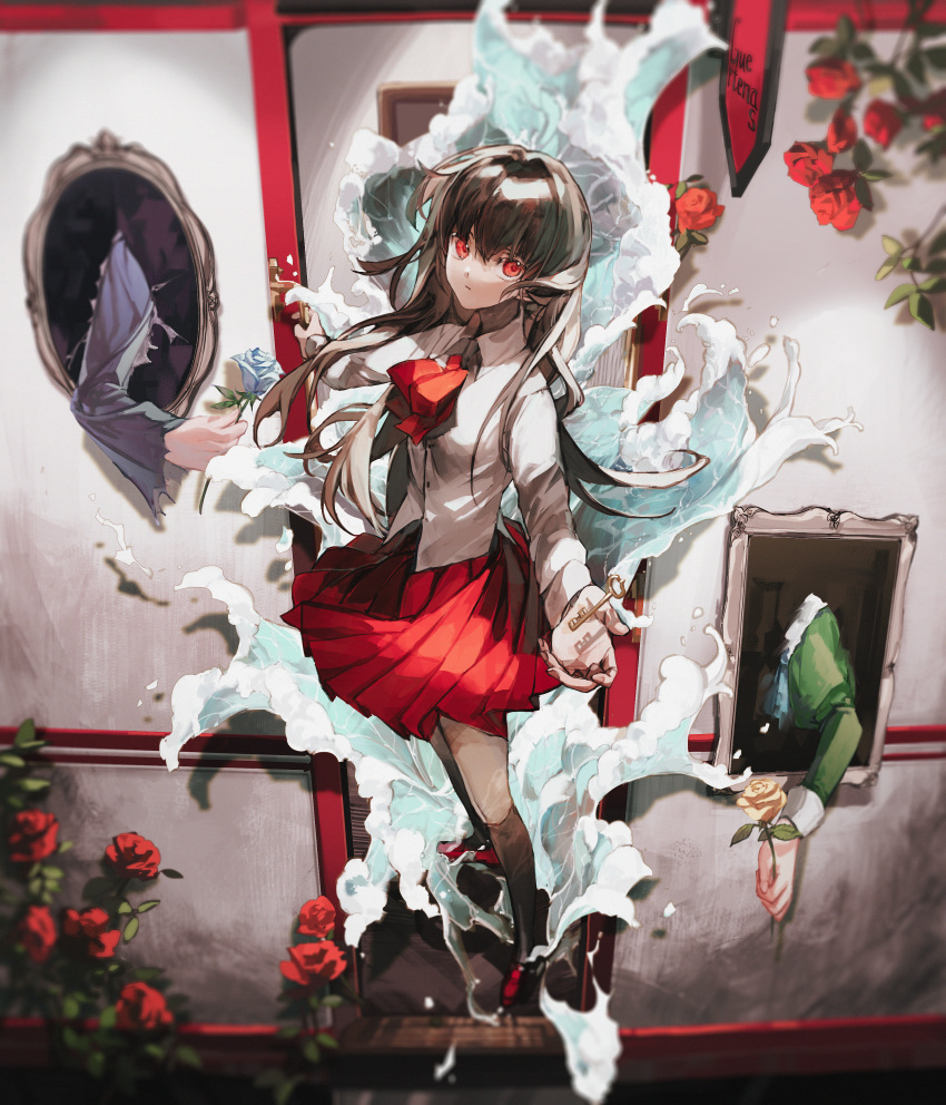 1girl absurdres bangs black_socks blue_flower blue_rose brown_hair buttons collared_shirt cui_(jidanhaidaitang) expressionless flower from_above full_body highres holding holding_flower holding_key ib ib_(ib) key loafers long_hair long_sleeves looking_at_viewer neck_ribbon outstretched_arm painting_(object) picture_frame reaching_out red_eyes red_flower red_footwear red_rose red_skirt ribbon rose shirt shoes skirt socks solo standing through_screen waves white_shirt yellow_flower yellow_rose