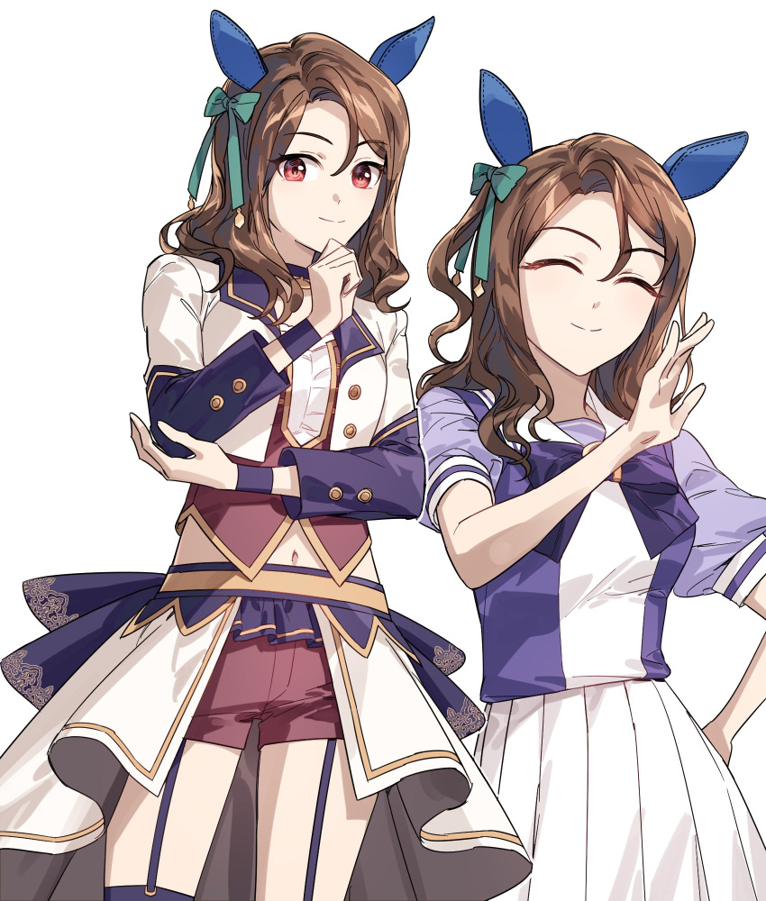 1girl animal_ears bow breasts brown_hair choker closed_eyes closed_mouth cropped_jacket dimseomjang-gun ear_covers garter_straps hair_bow half-skirt hand_on_own_chin hand_up highres horse_ears jacket king_halo_(umamusume) korean_commentary long_hair looking_at_viewer multiple_views navel ojou-sama_pose purple_shirt red_eyes red_shorts red_vest sailor_collar school_uniform shirt shorts simple_background skirt small_breasts smile starting_future_(umamusume) stroking_own_chin tracen_school_uniform umamusume vest white_background white_jacket white_skirt wristband