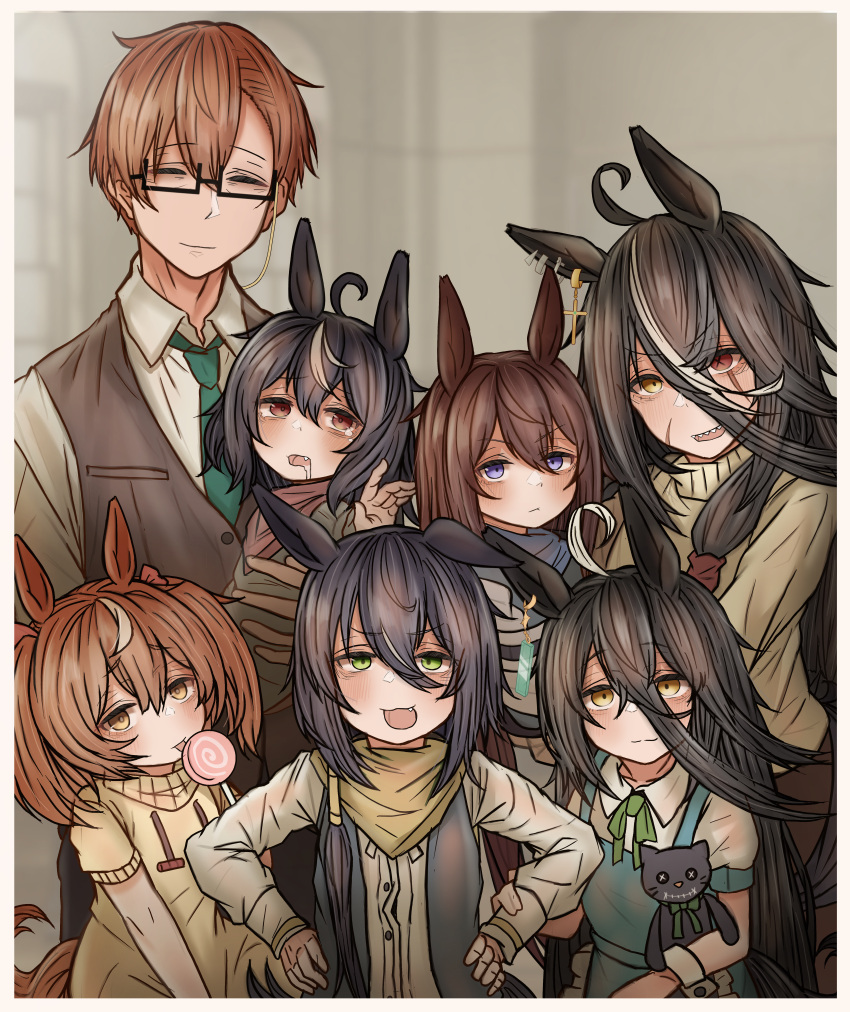 1boy 6+girls absurdres aged_down ahoge animal_ears bandana bangs black_hair black_tide_(racehorse) blurry blurry_background brown_bandana brown_eyes brown_hair brown_vest candy child cross cross_earrings deep_impact_(umamusume) dress drooling earrings fang food genderswap genderswap_(mtf) glasses gold_allure_(racehorse) green_eyes green_necktie green_ribbon hair_between_eyes hands_on_hips heterochromia highres holding holding_candy holding_food holding_lollipop horse_ears horse_girl horse_tail jewelry kin'iro_ryotei_(umamusume) leogust light_brown_hair lollipop long_bangs long_hair long_sleeves looking_at_viewer manhattan_cafe_(umamusume) mother_and_daughter multicolored_hair multiple_girls necktie original personification pinafore_dress rectangular_eyewear red_eyes ribbon scar scar_across_eye scar_on_cheek scar_on_face sharp_teeth short_hair short_sleeves single_earring speech_bubble streaked_hair stuffed_animal stuffed_cat stuffed_toy tail teeth twintails two-tone_hair umamusume v-shaped_eyebrows vest violet_eyes white_hair yellow_bandana yellow_eyes