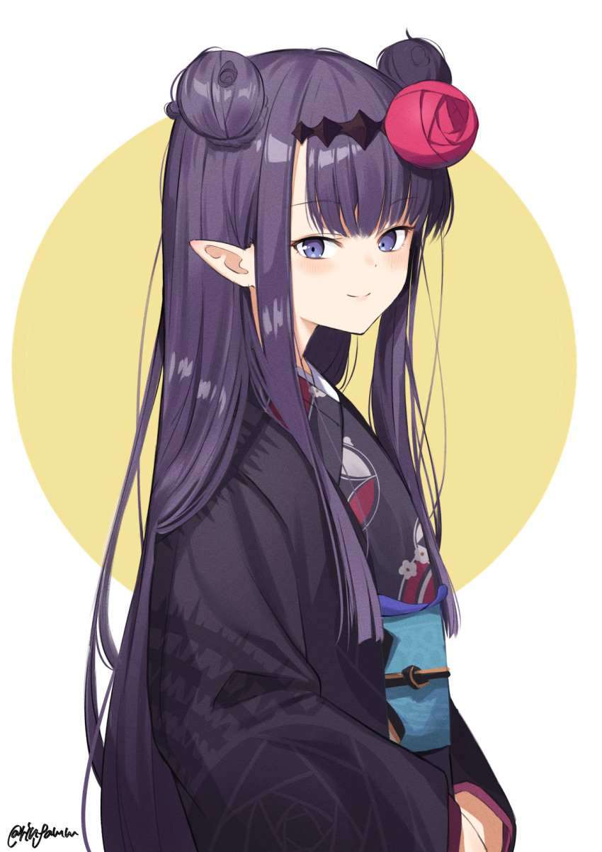 1girl bangs black_kimono blush closed_mouth double_bun flower hair_bun hair_flower hair_ornament haori highres hololive hololive_english japanese_clothes kimono long_hair long_sleeves looking_at_viewer ninomae_ina'nis obi pointy_ears purple_hair rinfamm sash simple_background smile solo twitter_username upper_body violet_eyes virtual_youtuber