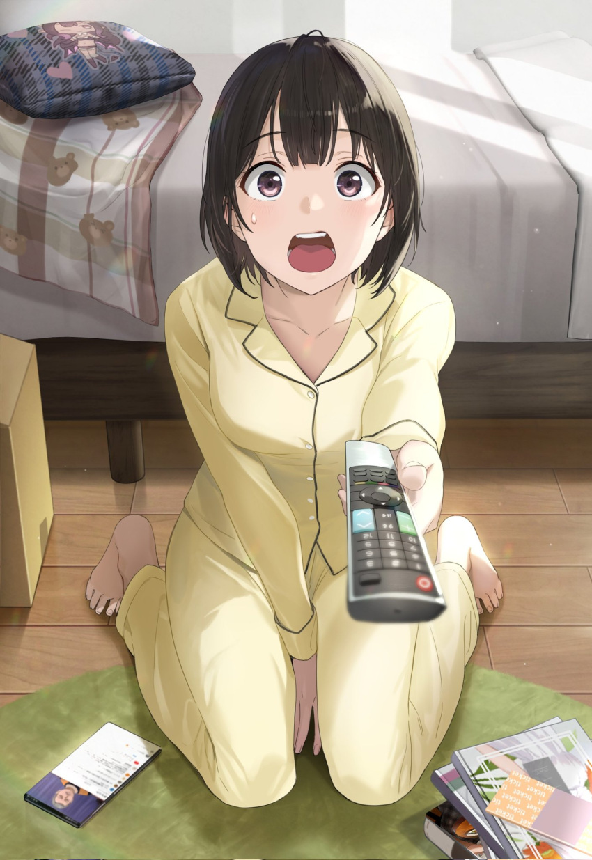 1girl bangs barefoot bed bed_sheet black_hair booklet box breasts cardboard_box collarbone commentary controller highres icchiramen indoors looking_at_viewer magazine_(object) md5_mismatch medium_breasts open_mouth original pajamas pillow remote_control rug short_hair surprised sweatdrop symbol-only_commentary teeth upper_teeth