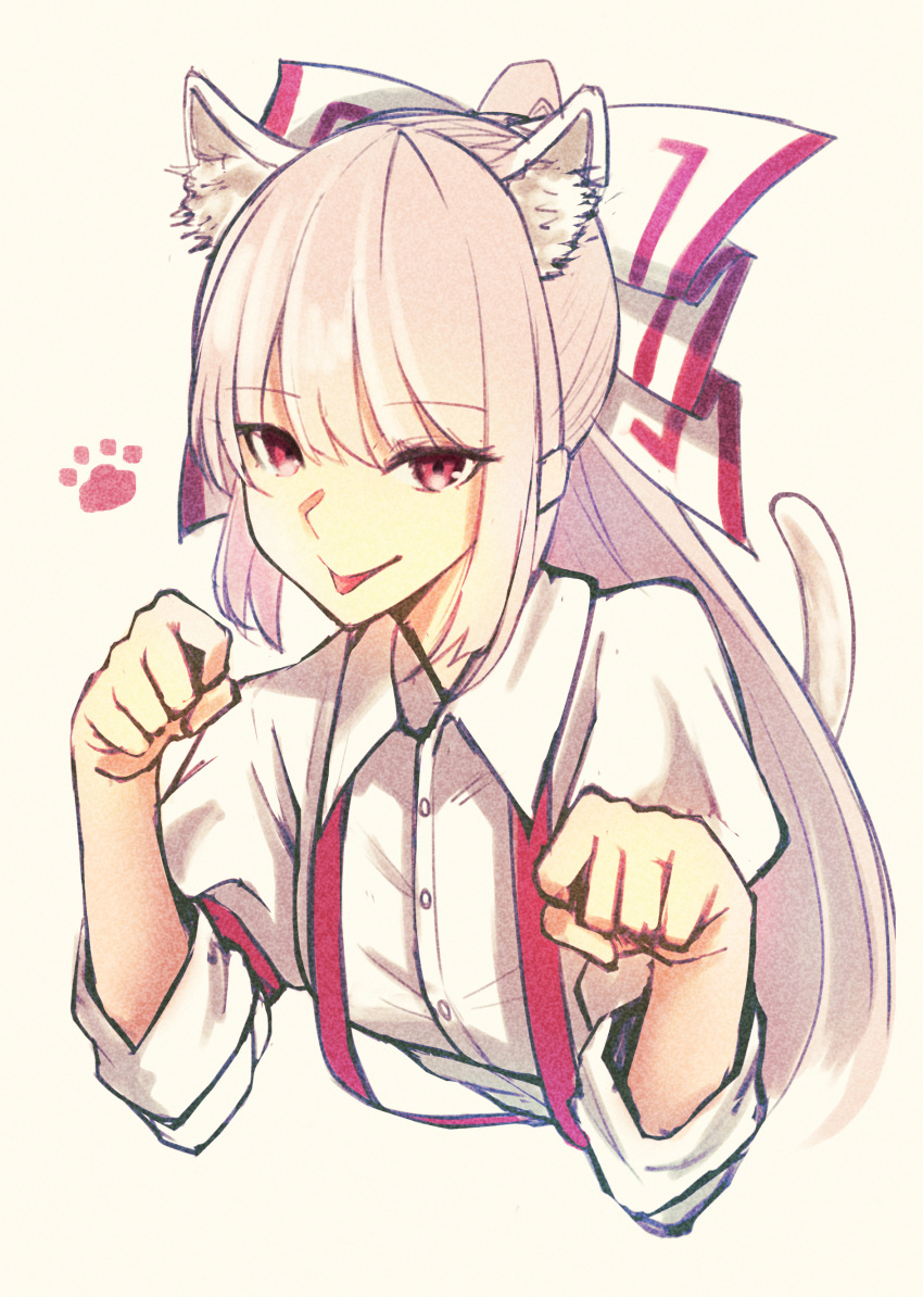 1girl :p absurdres animal_ear_fluff animal_ears bow buttons cat_ears cat_tail collared_shirt commentary_request cropped_torso dress_shirt equality_taira fujiwara_no_mokou hair_between_eyes hair_bow highres juliet_sleeves long_hair long_sleeves paw_pose paw_print paw_print_pattern puffy_sleeves red_eyes shirt sleeve_garter sleeves_rolled_up solo suspenders tail tongue tongue_out touhou upper_body very_long_hair white_bow white_hair white_shirt white_tail