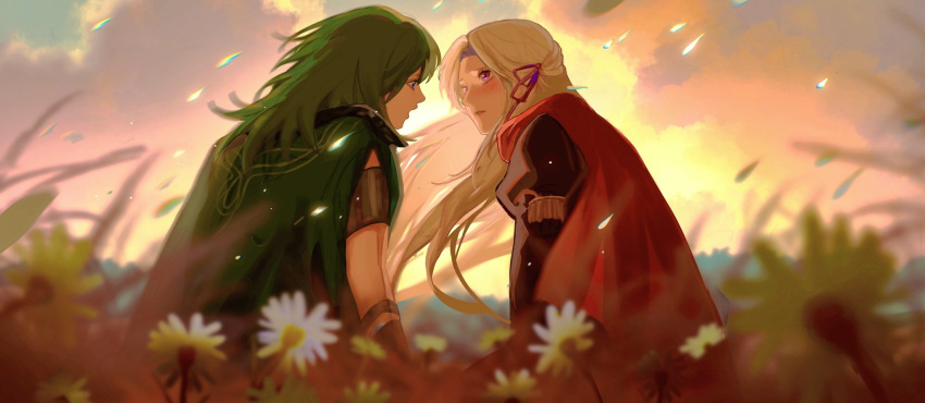 2girls armband bangs blonde_hair blurry blush byleth_(fire_emblem) byleth_eisner_(female) cape caro_blackteaw clouds cloudy_sky commentary daisy depth_of_field edelgard_von_hresvelg eye_contact fire_emblem fire_emblem:_three_houses floating_hair flower fringe_trim from_behind garreg_mach_monastery_uniform grass green_cape green_hair hair_ribbon half_updo highres long_hair looking_at_another meadow medium_hair multiple_girls on_grass open_mouth outdoors parted_lips red_cape ribbon scenery sitting sky sunset upper_body violet_eyes white_flower yuri
