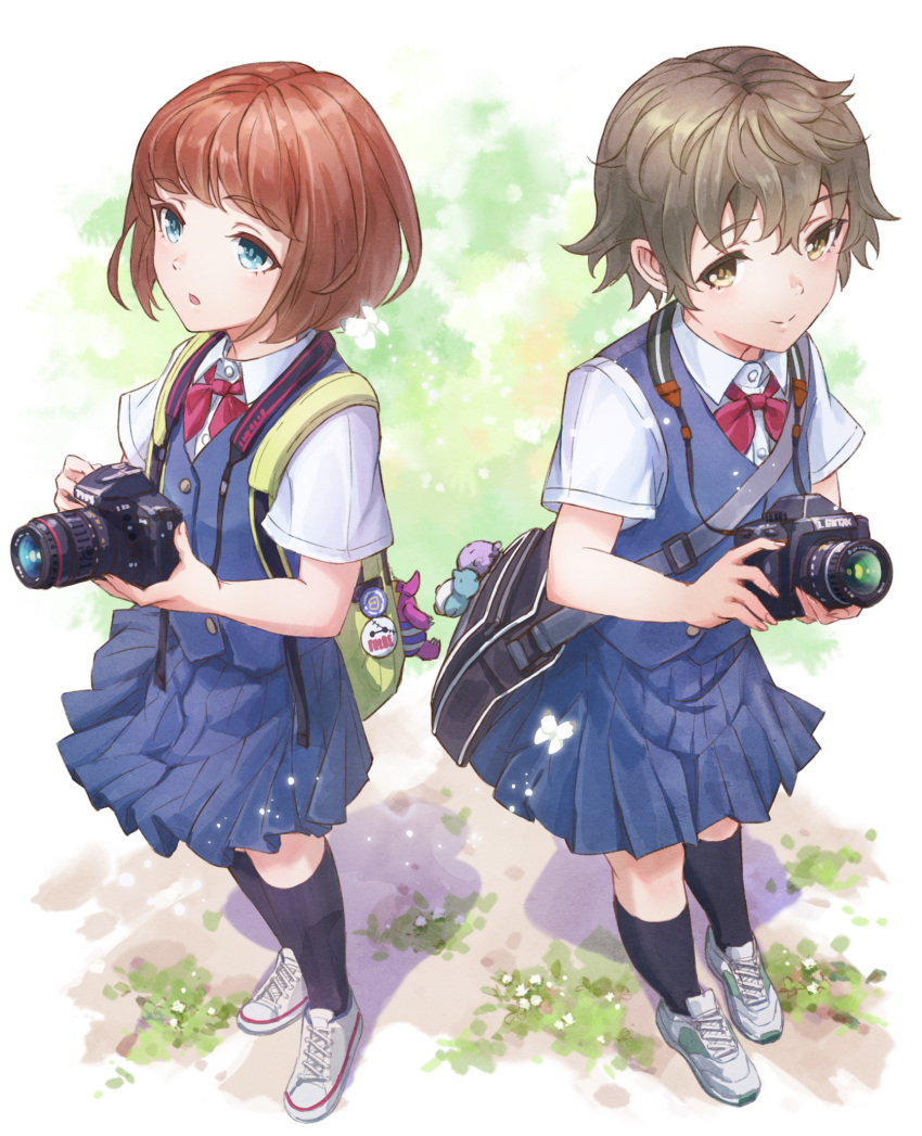 2girls backpack bag bangs black_socks blue_eyes blue_skirt blue_vest bow bowtie brown_hair camera closed_mouth full_body gurafuru highres holding holding_camera kneehighs multiple_girls orange_hair original parted_lips red_bow red_bowtie school_uniform shadow shirt shoes short_hair short_sleeves skirt smile sneakers socks vest white_footwear white_shirt