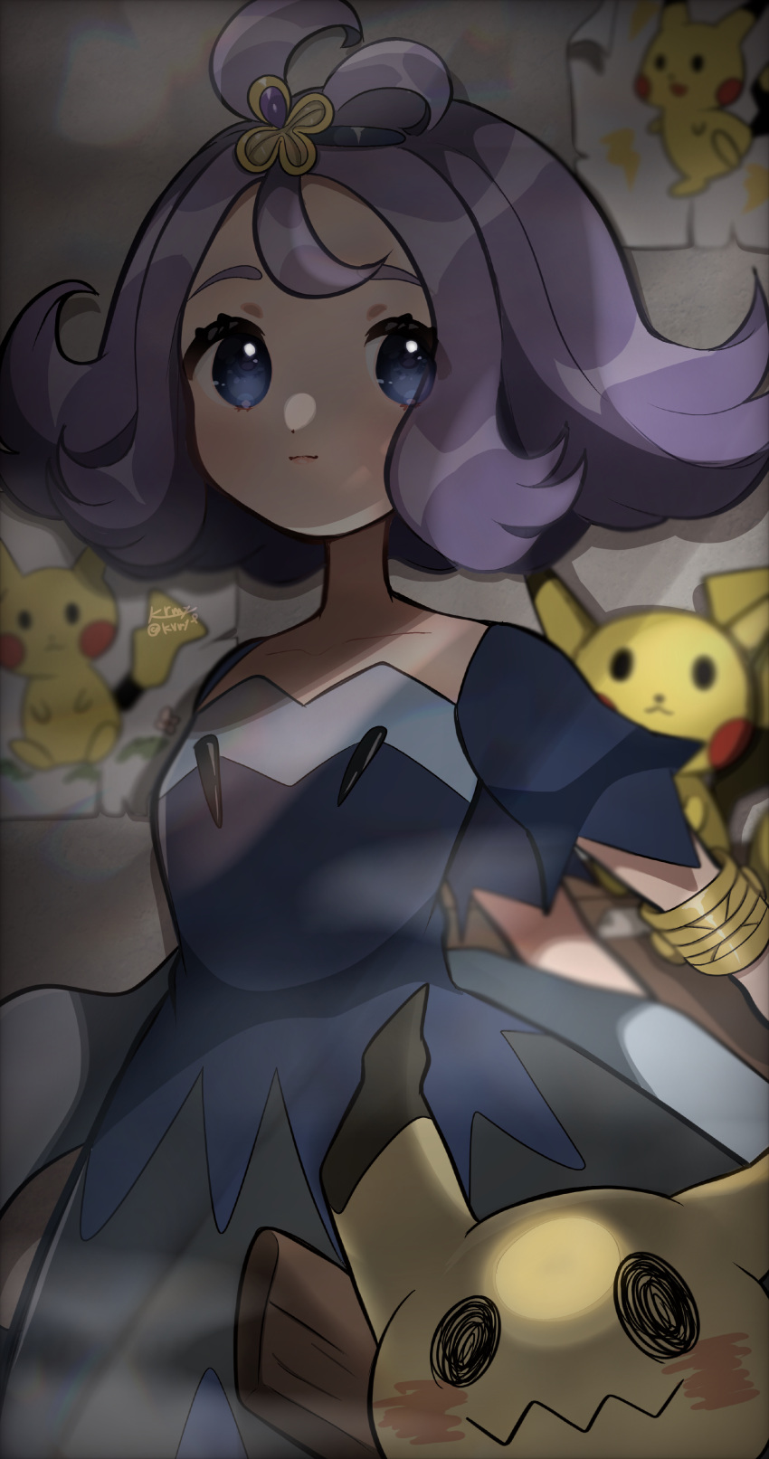 1girl absurdres acerola_(pokemon) armlet bangs blue_dress character_print closed_mouth commentary_request dress flipped_hair grey_dress hair_ornament hairclip highres indoors kurumiya_(krmy_p) mimikyu multicolored_clothes multicolored_dress picture_(object) pikachu pokemon pokemon_(creature) pokemon_(game) pokemon_sm purple_hair short_sleeves stitches topknot torn_clothes torn_dress