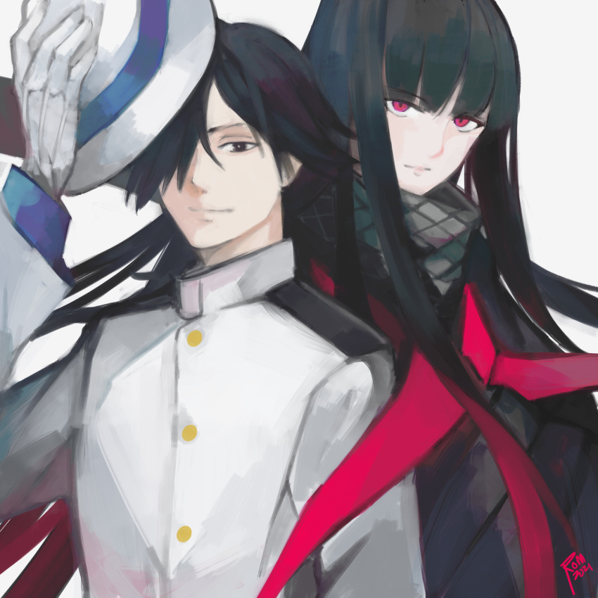 1boy 1girl black_eyes black_hair black_scarf bright_pupils closed_mouth dated fate/grand_order fate_(series) gloves grey_background hair_over_one_eye half-closed_eyes hat hat_removed headwear_removed highres holding holding_clothes holding_hat long_hair looking_at_viewer moedredd multicolored_hair oryou_(fate) redhead sakamoto_ryouma_(jin) scarf signature simple_background slit_pupils smile two-tone_hair upper_body violet_eyes white_gloves white_headwear white_pupils