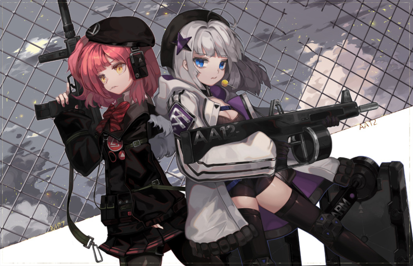 2girls aa-12_(girls'_frontline) ahoge bangs beret black_gloves black_headwear black_pantyhose black_skirt black_thighhighs blue_eyes blunt_bangs bow candy chain-link_fence character_name clouds cloudy_sky coat fence fingernails food fur-trimmed_hood fur_trim girls_frontline gloves grey_coat grey_hair gun hair_ornament hat headphones holding holding_gun holding_weapon hood hood_down hooded_coat lollipop long_hair looking_at_viewer medium_hair mouth_hold mp7_(girls'_frontline) multicolored_coat multiple_girls open_mouth outdoors pantyhose parted_lips pink_hair pla4neta pouch purple_coat purple_nails side_ponytail skirt sky sleeves_past_wrists striped striped_bow teeth thigh-highs two-tone_coat weapon yellow_eyes zipper zipper_pull_tab