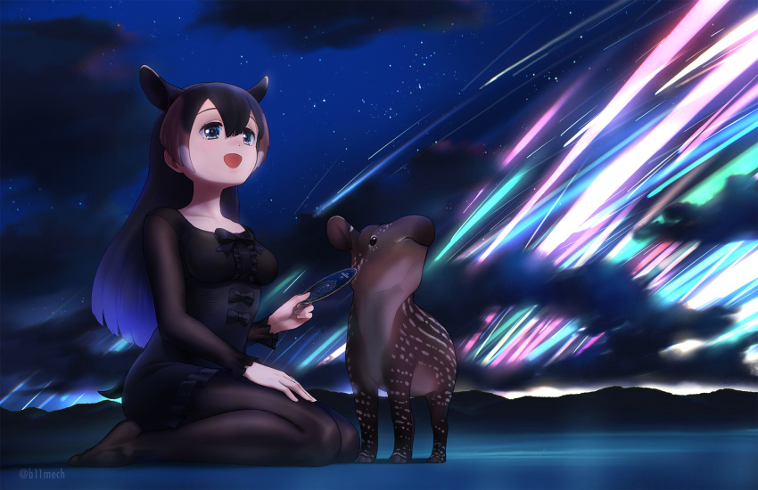 1girl animal animal_ears beleven black_hair blue_eyes bodystocking bow brown_hair creature_and_personification dress full_body grey_hair hair_between_eyes hand_rest hand_up highres holding kemono_friends long_hair long_sleeves looking_up mountain_tapir_(kemono_friends) multicolored_hair night night_sky open_mouth outdoors scenery seiza shooting_star short_dress sitting sky smile star_(sky) starry_sky tail tapir very_long_hair