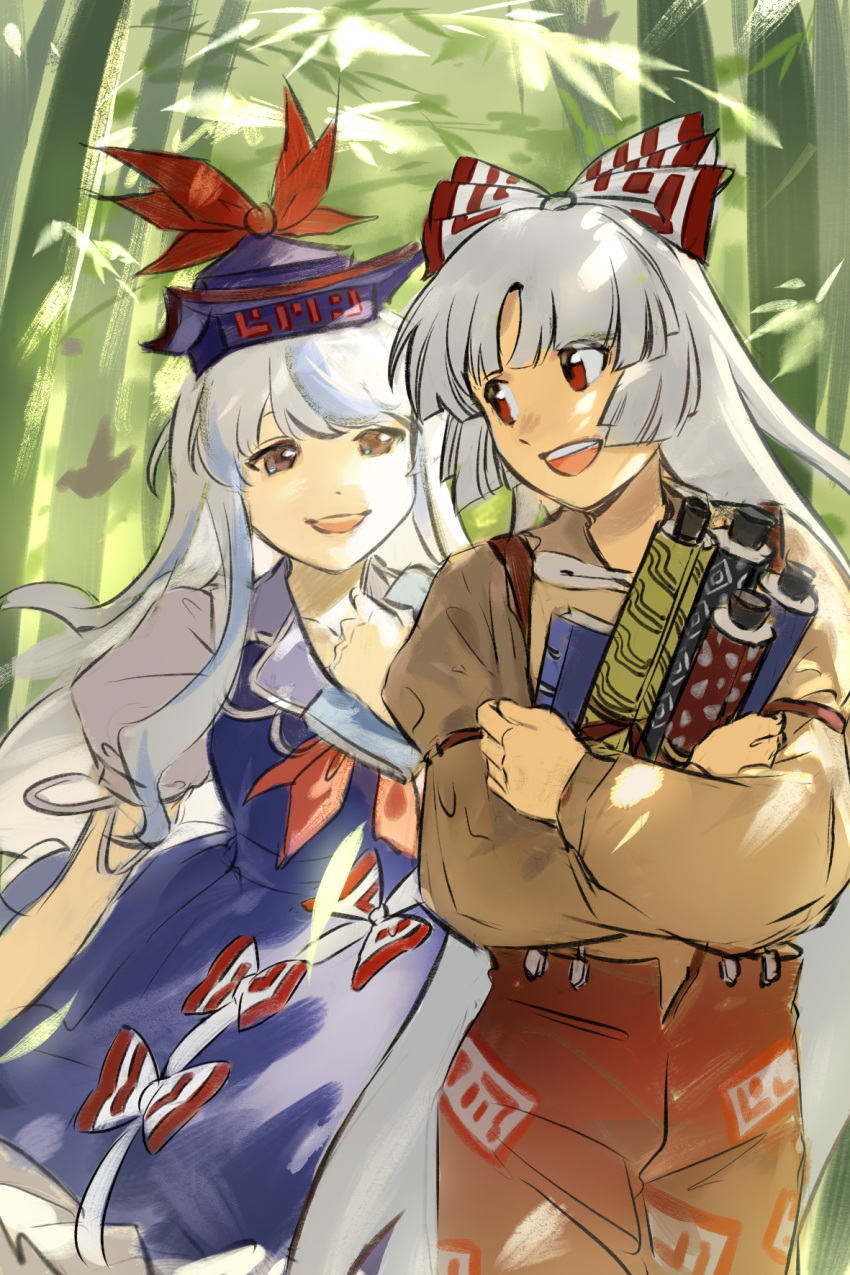 2girls :d bamboo bamboo_forest bangs blue_dress blue_hair blue_headwear blunt_bangs book bow chinese_commentary commentary_request cowboy_shot dress forest fujiwara_no_mokou grey_shirt hair_bow hat highres hime_cut holding holding_book holding_scroll kamishirasawa_keine long_hair long_sleeves looking_at_another looking_back multiple_girls nature neckerchief ofuda ofuda_on_clothes open_mouth pants pinafore_dress puffy_short_sleeves puffy_sleeves red_bow red_eyes red_neckerchief red_pants scroll shirt short_sleeves sidelocks smile suspenders teeth tokin_hat touhou two-tone_bow upper_teeth very_long_hair white_bow white_hair xuegejiba