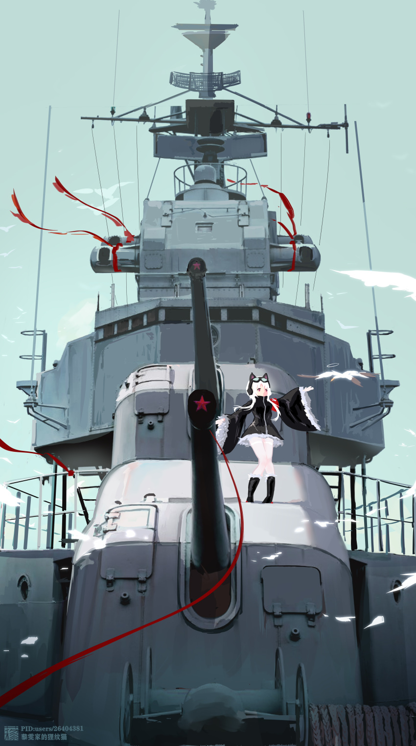 1girl absurdres animal_ears azur_lane bird black_footwear blue_sky boots cannon cat_ears chang_chun_(azur_lane) chinese_commentary clouds commentary_request destroyer fake_animal_ears goggles goggles_on_head high_collar highres knees_together_feet_apart liwendala long_sleeves military military_vehicle outdoors outstretched_arm pantyhose people's_liberation_army people's_liberation_army_navy pigeon-toed radar railing scenery seagull ship short_hair_with_long_locks sky solo thigh-highs violet_eyes warship watercraft white_hair white_pantyhose white_thighhighs wide_sleeves zettai_ryouiki