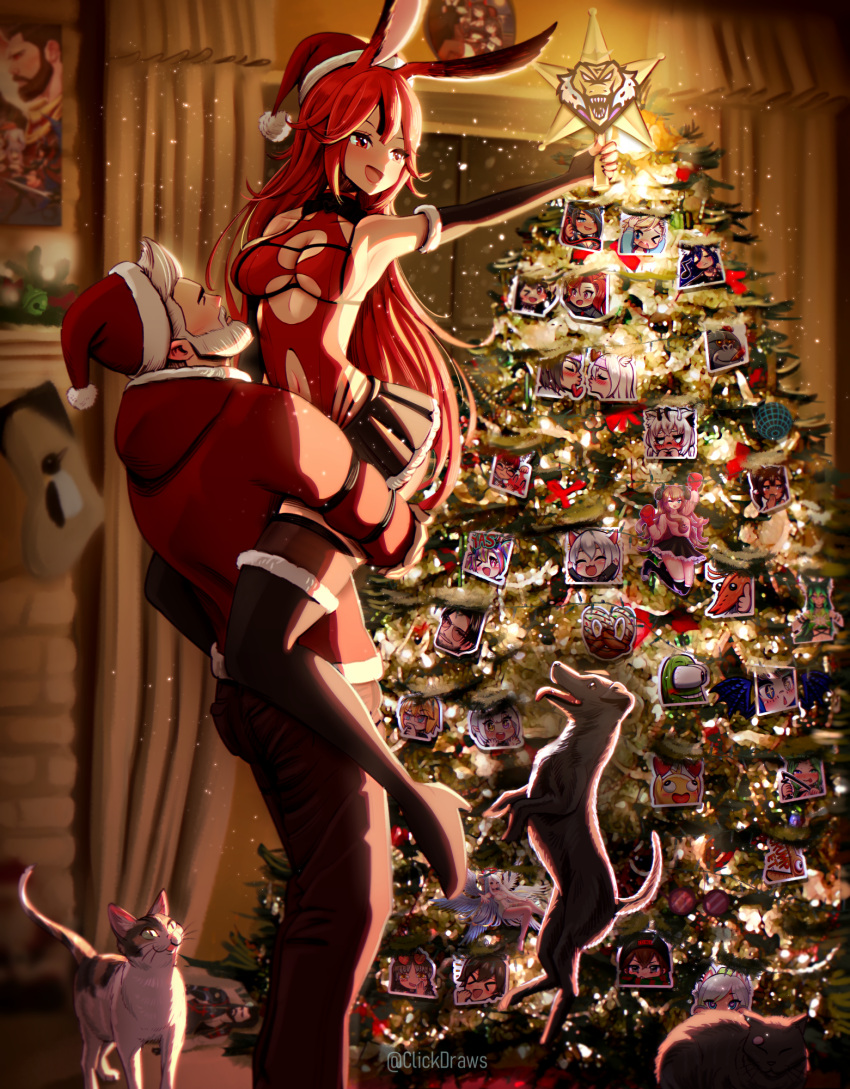 breasts cat christmas christmas_ornaments christmas_tree clickdraws couple dog hat highres large_breasts open_mouth redhead santa_hat skirt smile