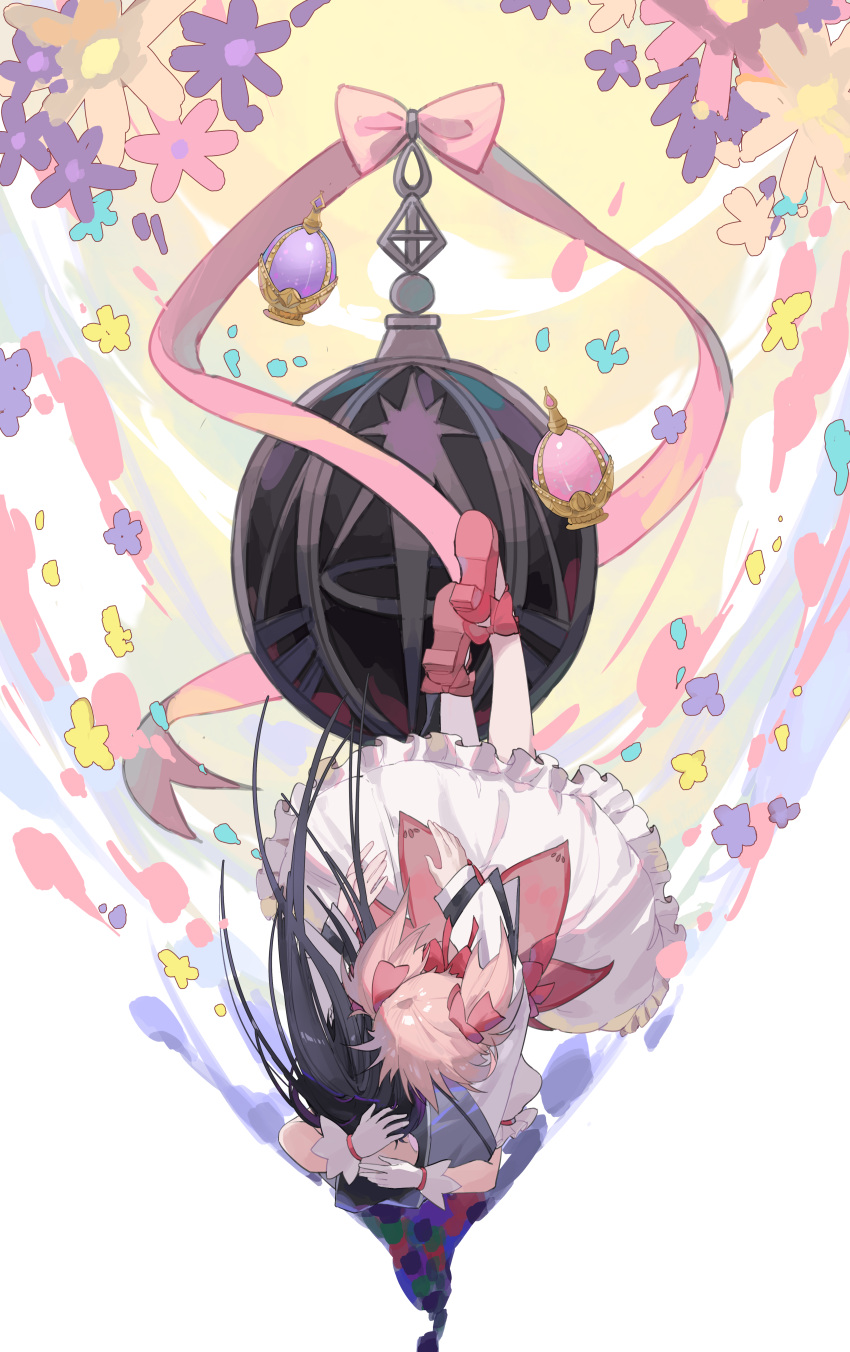 2girls absurdres akemi_homura black_hair bow bubble_skirt catching chinese_commentary commentary_request dress facing_away falling floating floating_object flower footwear_bow frilled_skirt frills from_behind full_body gloves hair_bow highres hug kaname_madoka lan_lan_sang long_hair long_sleeves magical_girl mahou_shoujo_madoka_magica multiple_girls pink_bow pink_dress pink_footwear pink_hair puffy_short_sleeves puffy_sleeves shoes short_hair short_sleeves short_twintails skirt soul_gem twintails upside-down white_background white_gloves white_skirt