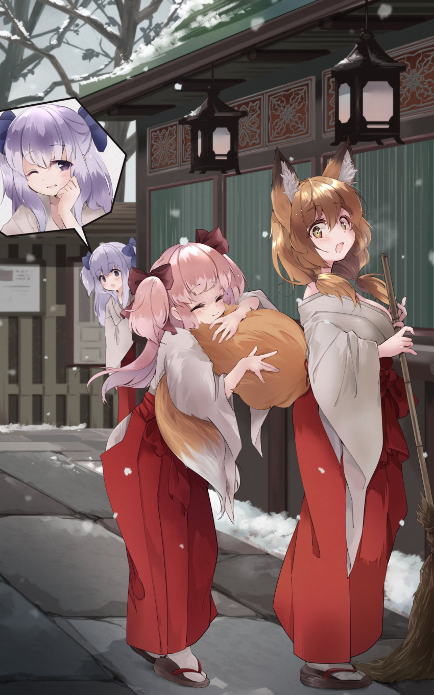 3girls :o absurdres animal_ear_fluff animal_ears bamboo_broom bangs bare_tree black_ribbon blonde_hair breath broom closed_eyes commentary_request commission day fox_ears fox_tail hair_between_eyes hair_ribbon hakama hakama_skirt highres hip_vent japanese_clothes light_purple_hair long_hair long_sleeves low_twintails making-of_available miko multiple_girls nanana_(nanana_iz) open_mouth original outdoors peeking_out pink_hair ribbon skeb_commission skirt snow snowing tabi tail tail_hug tree twintails violet_eyes wide_sleeves winter yellow_eyes zouri