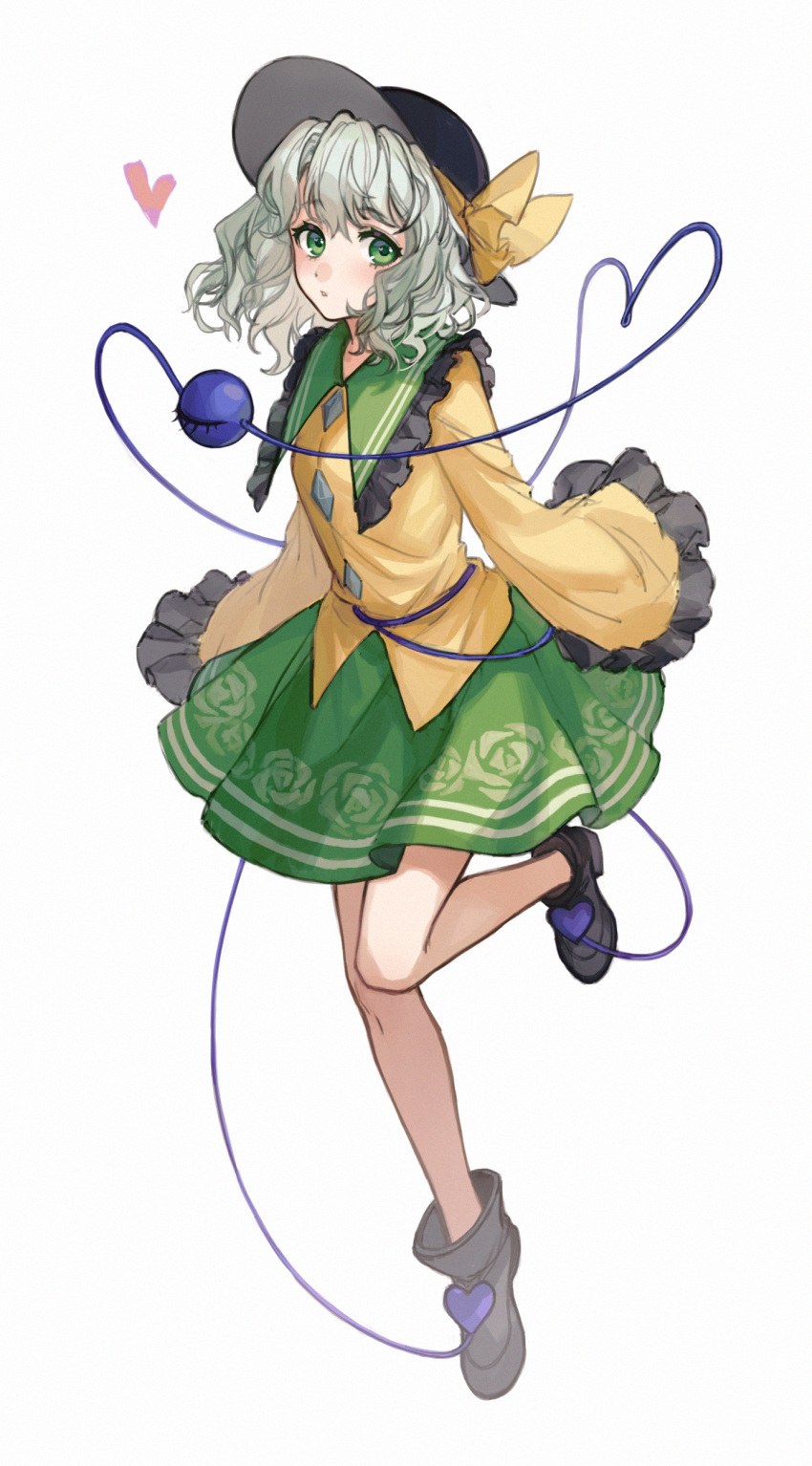1girl absurdres black_footwear black_headwear blouse blush boots bow buttons chinese_commentary diamond_button floral_print frilled_shirt_collar frilled_sleeves frills full_body green_eyes green_skirt hat hat_bow heart heart_in_eye heart_of_string highres komeiji_koishi light_green_hair long_sleeves looking_at_viewer medium_hair mizuhashisuika parted_lips rose_print shirt simple_background skirt sleeves_past_fingers sleeves_past_wrists solo standing standing_on_one_leg symbol_in_eye third_eye touhou white_background wide_sleeves yellow_bow yellow_shirt