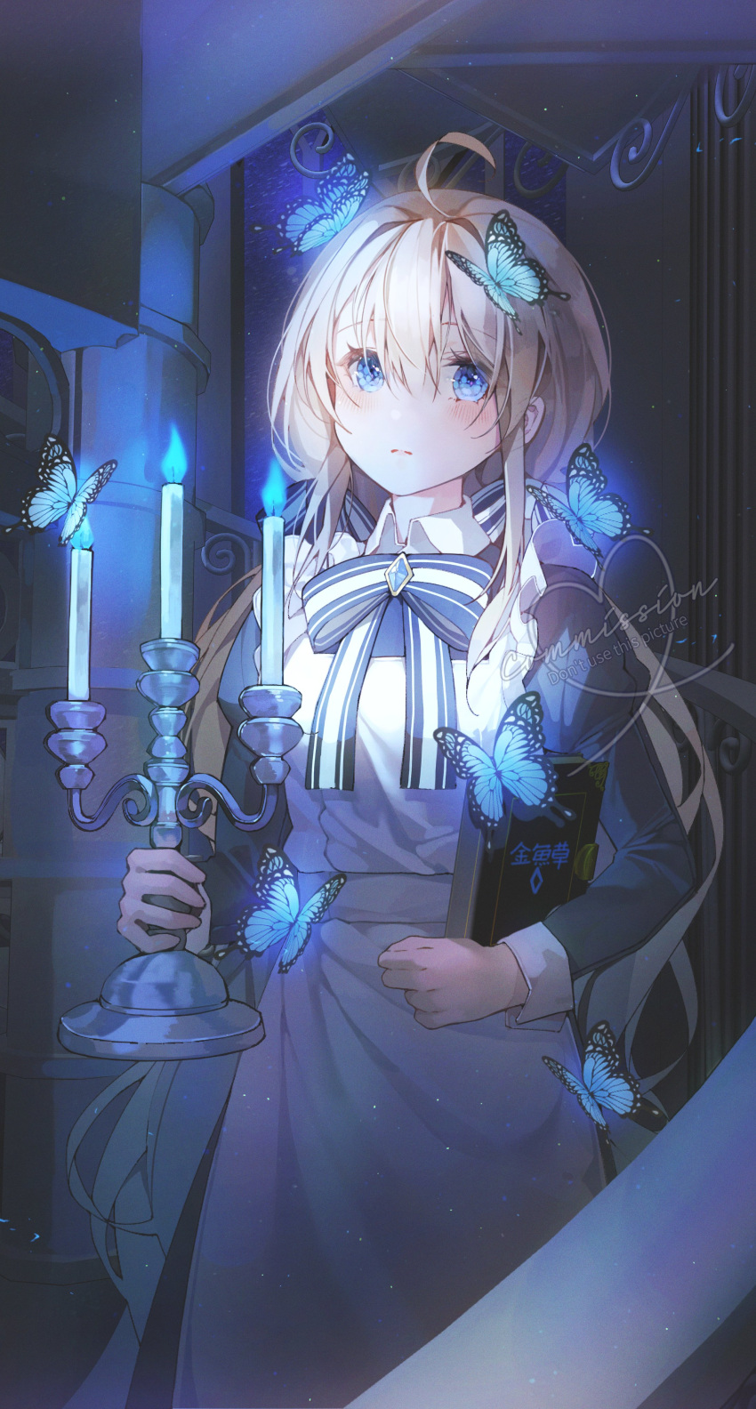 1girl absurdres ahoge apron bangs blonde_hair blue_butterfly blue_eyes blunt_bangs book bow bug butterfly candle candlelight candlestand collared_shirt cowboy_shot dress fire flame glowing_butterfly highres holding holding_book holding_candle immi_immi indoors long_hair maid maid_apron shirt sidelocks sleeve_cuffs sparkle waist_apron