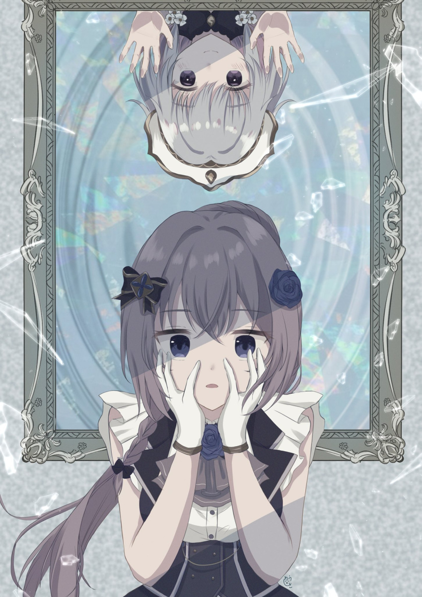 2girls against_glass against_mirror bangs black_bow blue_eyes blue_flower blue_rose blue_vest blush bow braid buttons closed_mouth dot_nose evil_smile eyes_visible_through_hair flower frilled_sleeves frills glass_shards gloves gold_trim grey_hair hair_bow hair_flower hair_intakes hair_ornament hands_on_own_face hands_up hat highres jabot lapels long_hair looking_ahead looking_down magia_record:_mahou_shoujo_madoka_magica_gaiden magical_girl mahou_shoujo_madoka_magica multiple_girls parted_lips ponytail rose sena_mikoto shirousa_(blanche_lapine3) shirt short_sleeves side_braid sidelocks single_braid smile upside-down vest violet_eyes white_flower white_gloves white_headwear white_shirt worried yakumo_mitama