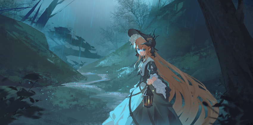 1girl absurdres arknights bangs bare_tree black_dress black_headwear blonde_hair blue_eyes bonnet chl_(artist) closed_mouth commentary_request dress elk feet_out_of_frame frilled_sleeves frills highres holding holding_lantern horns horns_through_headwear lantern long_hair long_sleeves looking_at_viewer mountain night nightingale_(an_elegy)_(arknights) nightingale_(arknights) official_alternate_costume outdoors pointy_ears rain smile solo standing tree two-tone_dress very_long_hair white_dress wide_sleeves