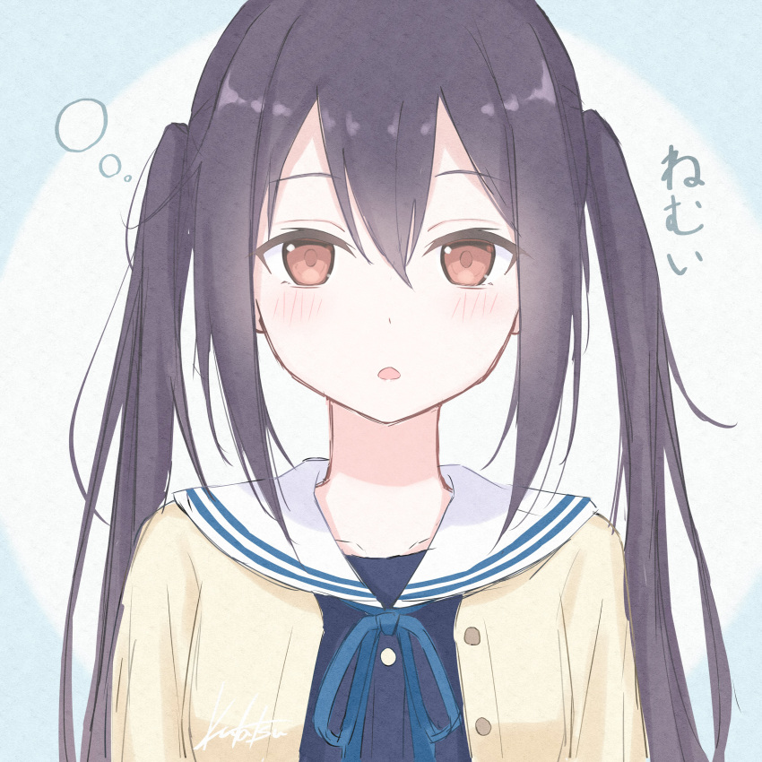 1girl absurdres bangs black_hair blue_ribbon blush brown_eyes commentary_request highres k-on! kutatsu_(kutatsu7) long_hair looking_at_viewer nakano_azusa parted_lips ribbon sailor_collar signature solo translation_request twintails upper_body white_sailor_collar