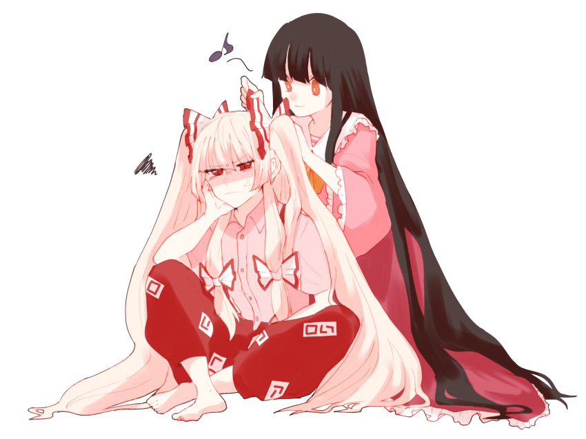 2girls alternate_hairstyle anger_vein angry annoyed arm_support bangs barefoot black_hair bow closed_mouth collared_shirt commentary_request eighth_note elbow_on_knee frilled_shirt_collar frilled_skirt frilled_sleeves frills fujiwara_no_mokou full_body hair_bow hand_on_own_cheek hand_on_own_face highres hime_cut houraisan_kaguya indian_style long_hair long_sleeves looking_at_another looking_at_viewer multiple_girls musical_note neck_ribbon ofuda ofuda_on_clothes orange_eyes pants pink_shirt red_bow red_eyes red_pants red_skirt ribbon shaded_face shirt short_sleeves sidelocks sitting skirt smile somei_ooo squiggle touhou twintails two-tone_bow tying_another's_hair very_long_hair white_background white_bow white_hair white_shirt wide_sleeves yellow_ribbon