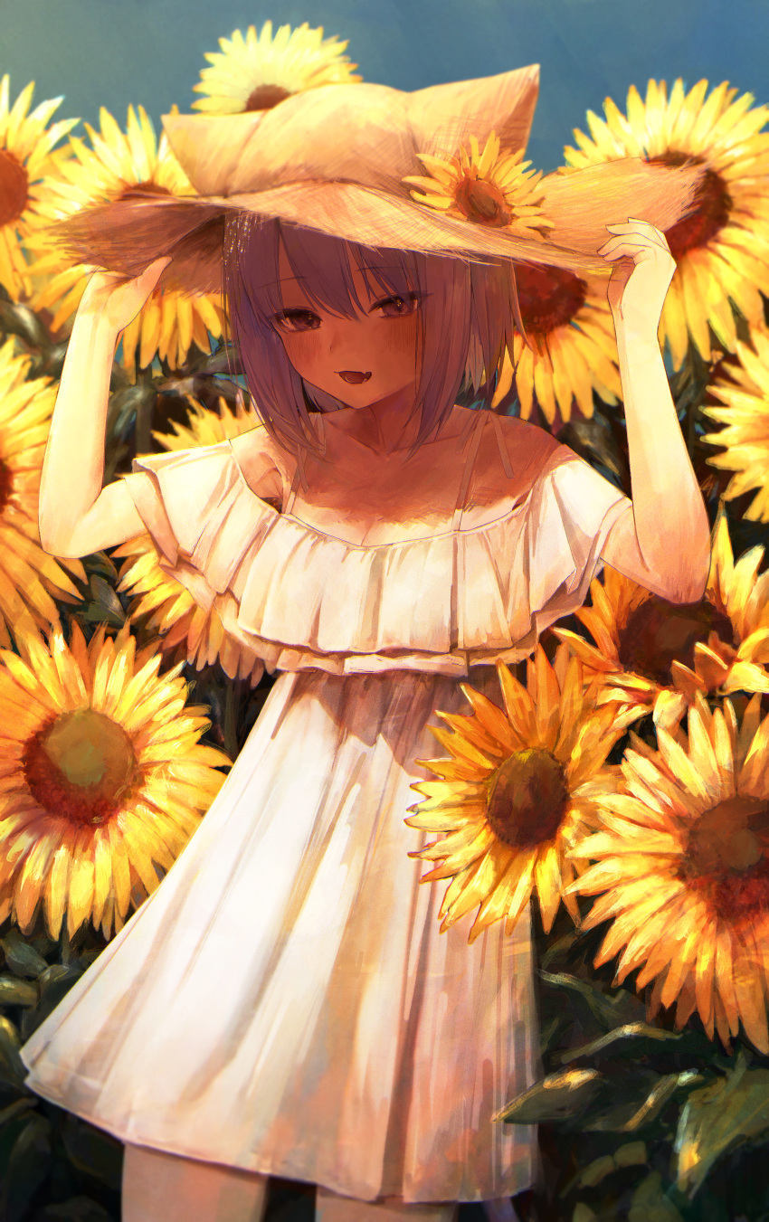 1girl :d absurdres arms_up bangs blush brown_headwear collarbone cowboy_shot dress fang field flower flower_field hair_between_eyes hands_on_headwear hat hat_flower highres hololive looking_at_viewer medium_hair nanome_to nekomata_okayu open_mouth purple_hair short_sleeves skin_fang smile solo standing straw_hat sunflower virtual_youtuber white_dress yellow_flower