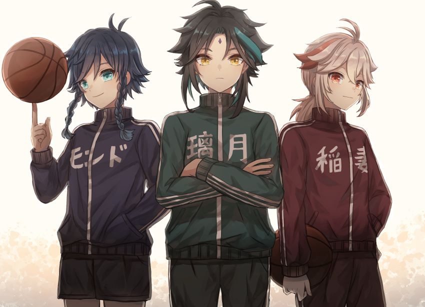 3boys ahoge antenna_hair aqua_eyes ball bangs basketball black_hair blue_jacket blue_shorts braid china_jersey_(meme) closed_mouth clothes_writing commentary_request cowboy_shot crossed_arms crossed_bangs diamond-shaped_pupils diamond_(shape) facial_mark forehead_mark genshin_impact gradient_hair green_hair green_jacket green_shorts grey_hair hair_between_eyes hand_in_pocket hand_up highres holding holding_ball index_finger_raised jacket kaedehara_kazuha long_sleeves looking_at_viewer low_ponytail male_focus medium_hair meme multicolored_hair multiple_boys parted_bangs pocket ponytail red_eyes red_jacket red_shorts redhead short_hair short_shorts shorts side_braids sidelocks smile spinning sportswear standing streaked_hair su34ma symbol-shaped_pupils track_jacket twin_braids venti_(genshin_impact) white_background xiao_(genshin_impact) yellow_eyes zipper zipper_pull_tab