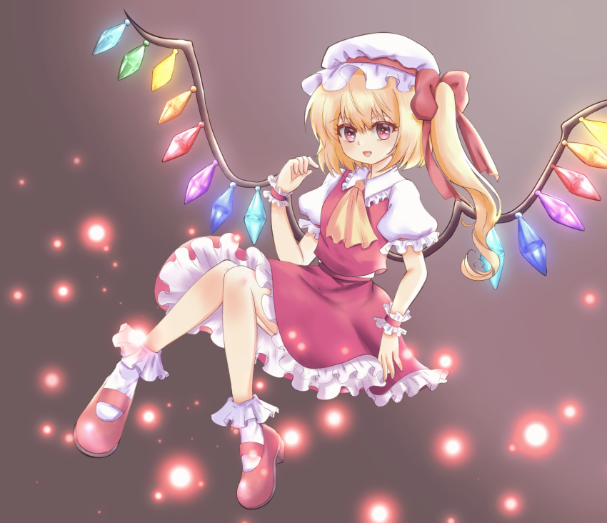 1girl :d ascot blonde_hair bobby_socks collared_shirt commentary_request crystal flandre_scarlet frilled_shirt_collar frilled_skirt frilled_sleeves frills full_body glowing glowing_wings hair_between_eyes hat hat_ribbon highres kmy0318 looking_at_viewer mary_janes medium_hair mob_cap multicolored_wings open_mouth puffy_short_sleeves puffy_sleeves red_eyes red_footwear red_ribbon red_skirt red_vest ribbon shirt shoes short_sleeves side_ponytail skirt skirt_set smile socks solo touhou vest white_headwear white_shirt white_socks wings yellow_ascot