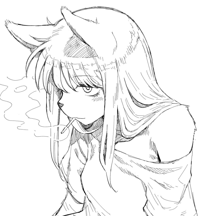 1girl animal_ears animal_nose bangs blush breasts cigarette commentary_request expressionless fox_ears fox_girl furry furry_female greyscale haioku_colonel half-closed_eyes highres long_hair monochrome mouth_hold off_shoulder original shiny shiny_hair shirt short_sleeves sidelocks simple_background single_bare_shoulder sketch small_breasts smoke smoking snout solo upper_body white_background