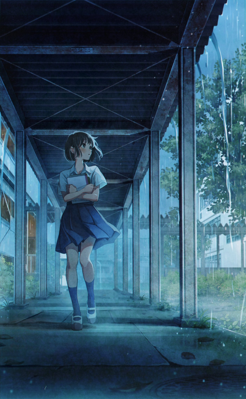 1girl :o bangs blue_eyes blue_skirt blue_socks blush bob_cut book brown_hair building clouds cloudy_sky collared_shirt grass hallway hands_up highres holding holding_book looking_back notebook original parted_lips pleated_skirt rain scenery school_uniform shirt shoes short_hair short_sleeves skirt sky socks solo standing tree tsujin_bohboh uwabaki water_drop white_footwear white_shirt