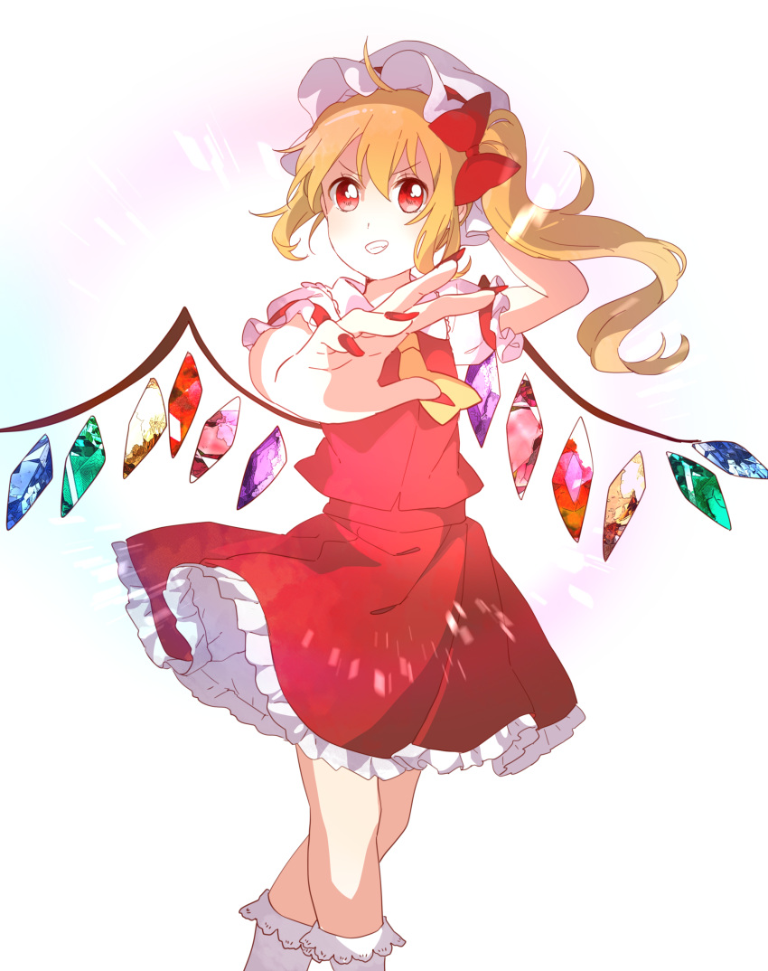 1girl absurdres ascot blonde_hair collared_shirt commentary_request crystal feet_out_of_frame flandre_scarlet foreshortening frilled_shirt_collar frilled_skirt frilled_sleeves frills hair_between_eyes hat hat_ribbon highres long_hair looking_at_viewer lower_teeth mob_cap multicolored_wings nail_polish open_mouth puffy_short_sleeves puffy_sleeves red_eyes red_nails red_ribbon red_skirt red_vest ribbon sasaki_sakiko shirt short_sleeves side_ponytail simple_background skirt skirt_set socks solo teeth touhou upper_teeth v-shaped_eyebrows vest white_headwear white_shirt white_socks wings yellow_ascot