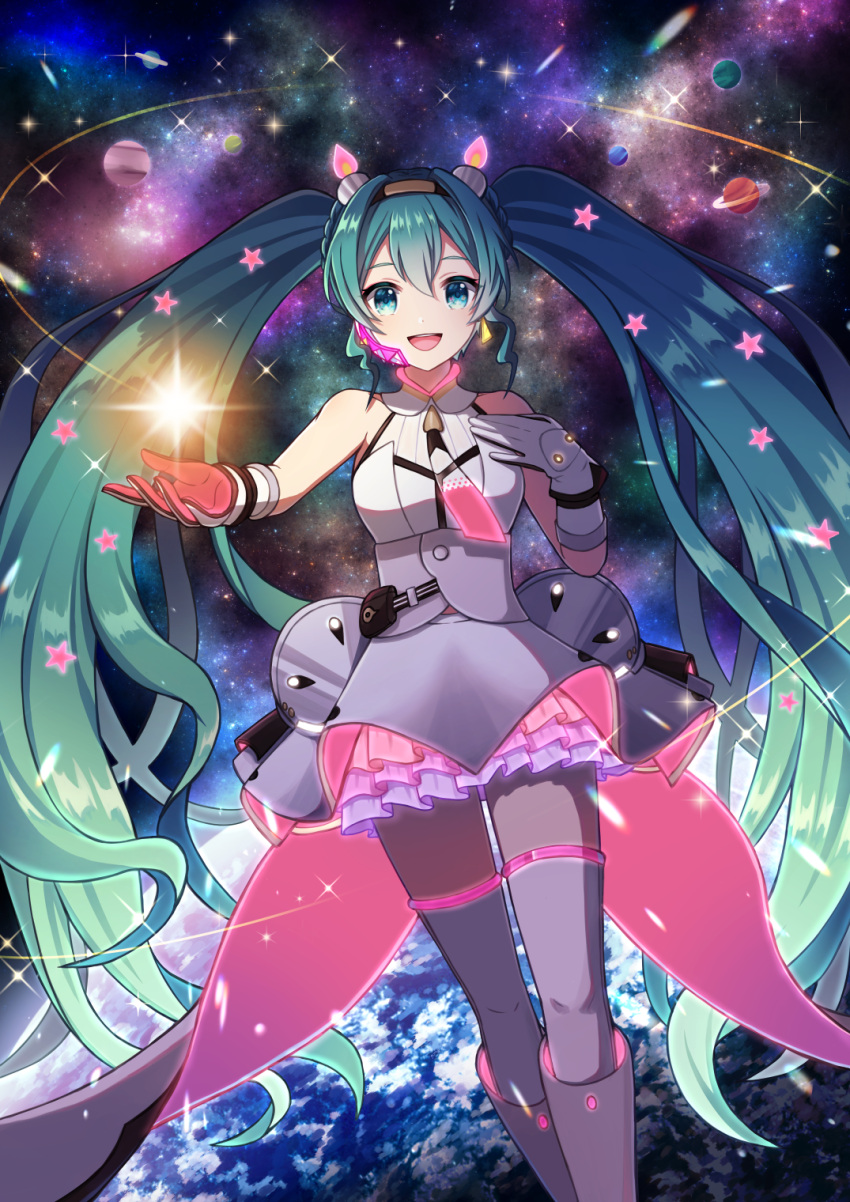 1girl :d aqua_eyes aqua_hair bangs bare_shoulders blush boots braid commentary_request earrings earth_(planet) feet_out_of_frame frilled_skirt frills galaxy_live_(vocaloid) gloves hair_between_eyes hair_ornament hairband hand_up hatsune_miku headset highres jacket jewelry layered_skirt long_hair looking_at_viewer microphone multicolored_clothes multicolored_skirt neon_trim open_mouth outstretched_arm pink_gloves planet planetary_ring pouch sidelocks skirt sleeveless sleeveless_jacket smile solo space sparkle star_(sky) star_(symbol) star_hair_ornament su34ma teeth thigh-highs twintails two-tone_gloves upper_teeth very_long_hair vocaloid white_footwear white_gloves white_jacket white_thighhighs zettai_ryouiki