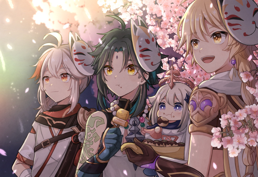 1girl 3boys :d aether_(genshin_impact) ahoge antenna_hair aqua_hair arm_tattoo bandaged_arm bandages bangs bead_necklace beads black_scarf blonde_hair blue_gloves blush braid braided_ponytail branch bright_pupils brown_gloves cherry_blossoms closed_mouth commentary_request crossed_bangs diamond-shaped_pupils diamond_(shape) earrings eating facial_mark fireworks flower food food_on_face food_request forehead_mark fox_mask genshin_impact gloves gold_trim green_hair grey_hair grey_kimono hair_between_eyes hair_ornament halo hand_up highres holding holding_food japanese_clothes jewelry kaedehara_kazuha kimono long_hair looking_away low_ponytail mask mask_on_head medium_hair multicolored_hair multiple_boys necklace night open_mouth outdoors paimon_(genshin_impact) parted_bangs pink_flower pom_pom_(clothes) ponytail red_eyes redhead scarf shirt short_hair short_sleeves sidelocks single_braid single_earring sky sleeveless sleeveless_shirt smile star_(symbol) star_hair_ornament streaked_hair su34ma symbol-shaped_pupils tassel tattoo teeth tree upper_body upper_teeth violet_eyes white_hair white_pupils white_scarf white_shirt xiao_(genshin_impact) yellow_eyes