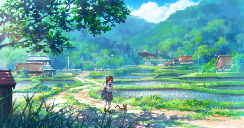 1girl absurdres bag brown_footwear brown_hair building cat clouds grass grey_skirt guard_rail gurafuru highres house loafers long_hair mountain original outdoors rice_paddy rural scenery school_bag school_uniform shadow shirt shoes short_sleeves skirt summer thigh-highs tree utility_pole walking white_shirt white_thighhighs wide_shot