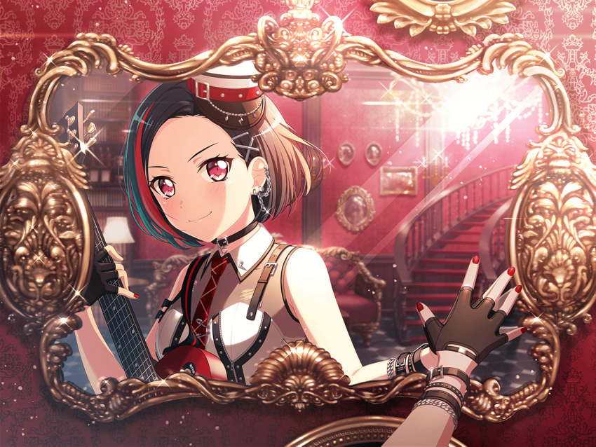 1girl bang_dream! black_hair blush chandelier dress looking_at_viewer mirror mirror_image mitake_ran official_art red_background red_eyes red_nails short_hair smile solo sparkle