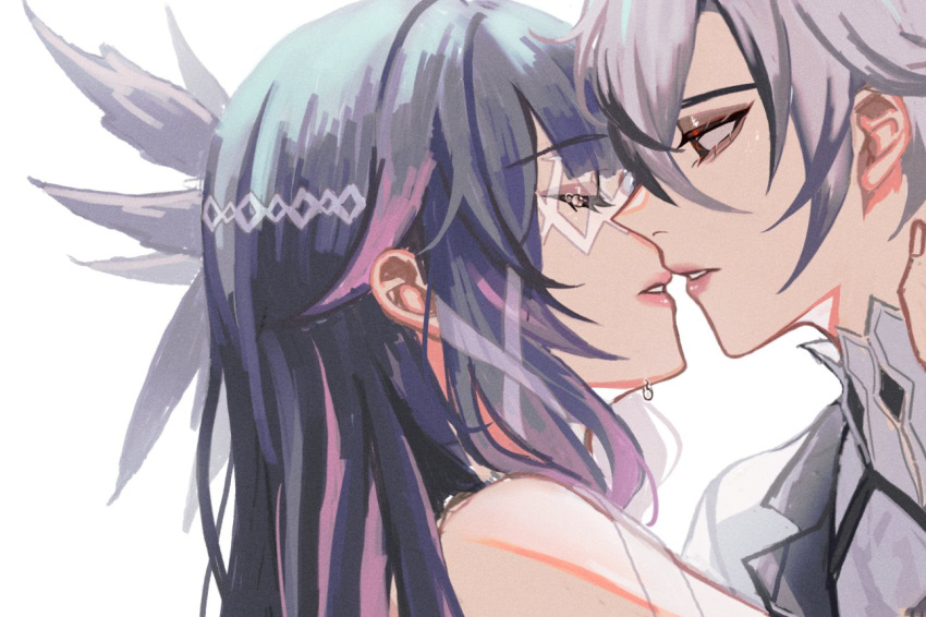 1boy 1girl bishounen black_hair character_request closed_eyes from_side genshin_impact grey_hair hand_on_another's_face imminent_kiss kiss pink_lips red_eyes short_hair simple_background tears upper_body white_background yuu_(yurasutori)