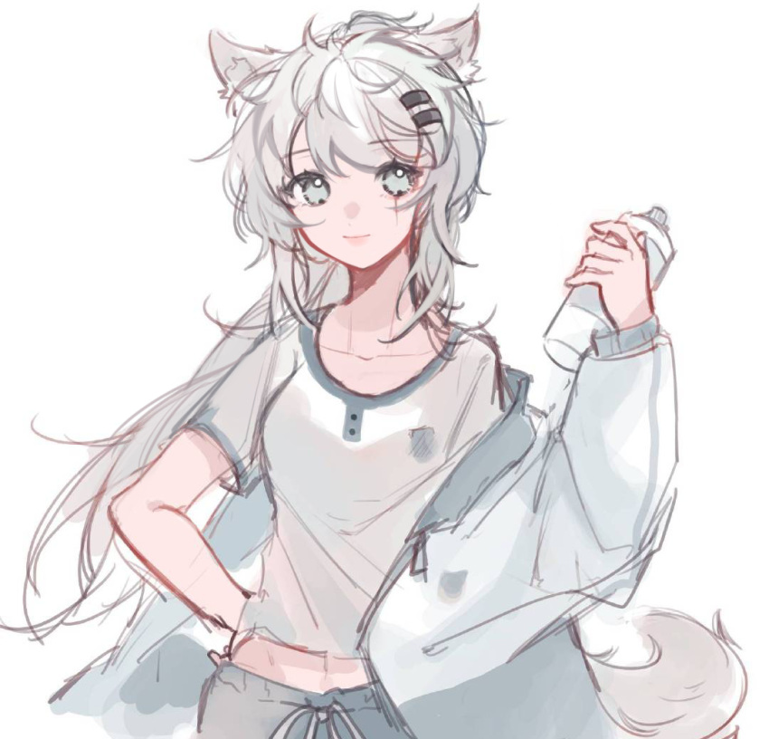 1girl animal_ears arknights bottle breasts closed_mouth collarbone grey_eyes grey_hair grey_jacket grey_pants hair_ornament hairclip hand_on_hip hand_up holding holding_bottle jacket lappland_(arknights) lixian85958 long_hair looking_at_viewer midriff_peek navel pants scar scar_on_face shirt short_sleeves simple_background small_breasts smile solo standing tail very_long_hair white_background white_shirt