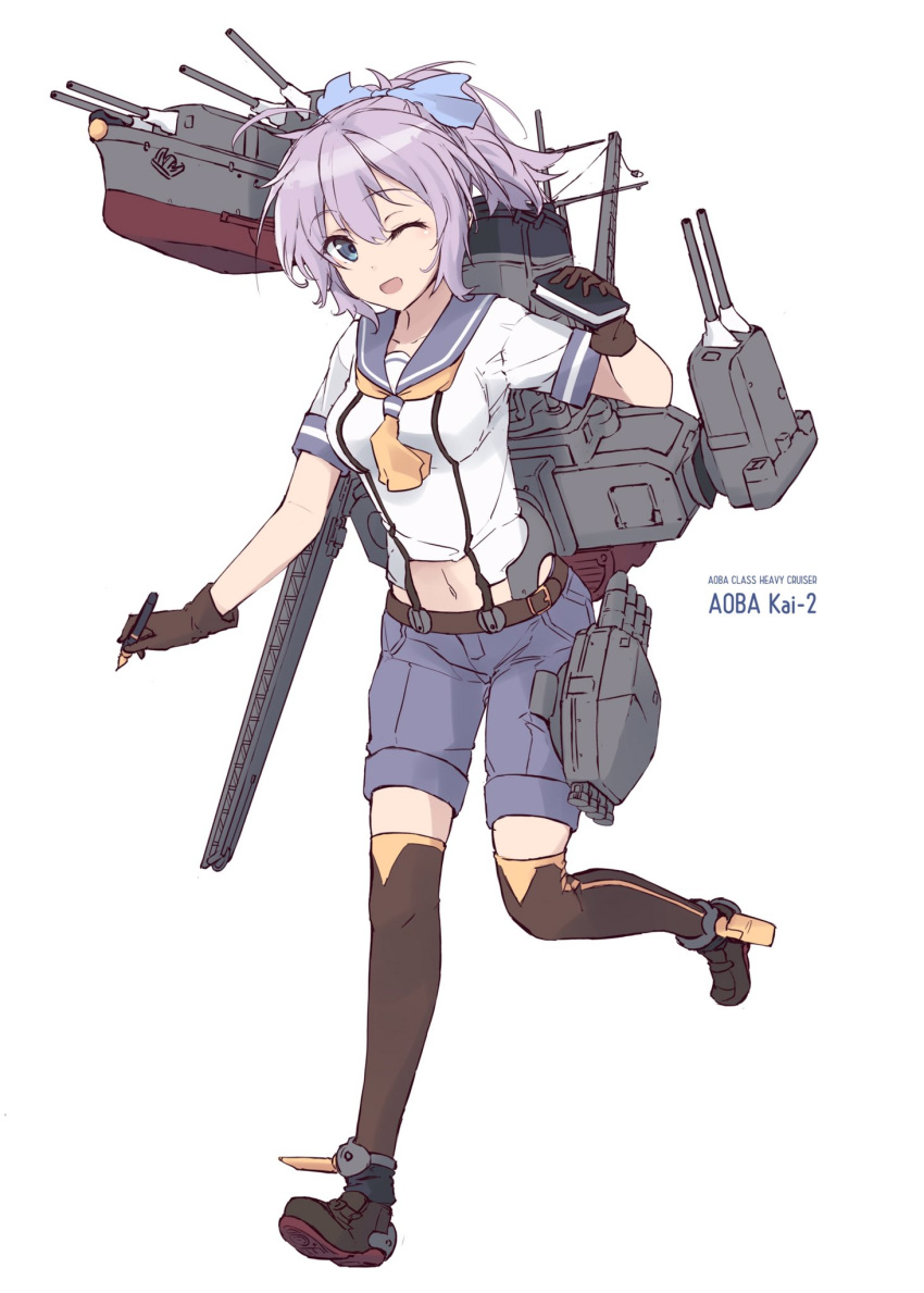 1girl aoba_(kancolle) black_gloves black_thighhighs blue_eyes commentary_request gloves hair_ribbon highres kantai_collection looking_at_viewer machinery messy_hair minosu neckerchief notebook one_eye_closed open_mouth original_remodel_(kantai_collection) pen ponytail purple_hair purple_sailor_collar purple_shorts ribbon running sailor_collar sailor_shirt shirt short_hair shorts smile solo thigh-highs white_background white_shirt