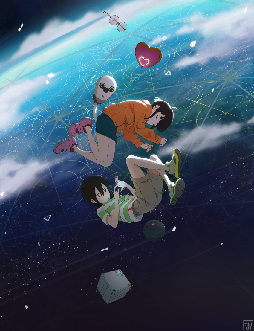 1boy 1girl absurdres black_hair bright_(chikyuugai) brown_shorts chikyuugai_shounen_shoujo child cube dakki_(chikyuugai) denim denim_skirt eyewear_removed floating heart highres hood hood_down hoodie lei_li medi_(chikyuugai) nanase_konoha orange_hoodie pink_footwear robot sagami_touya selfie_(chikyuugai) shirt shoes shorts skirt sneakers space striped striped_shirt t-shirt zero_gravity