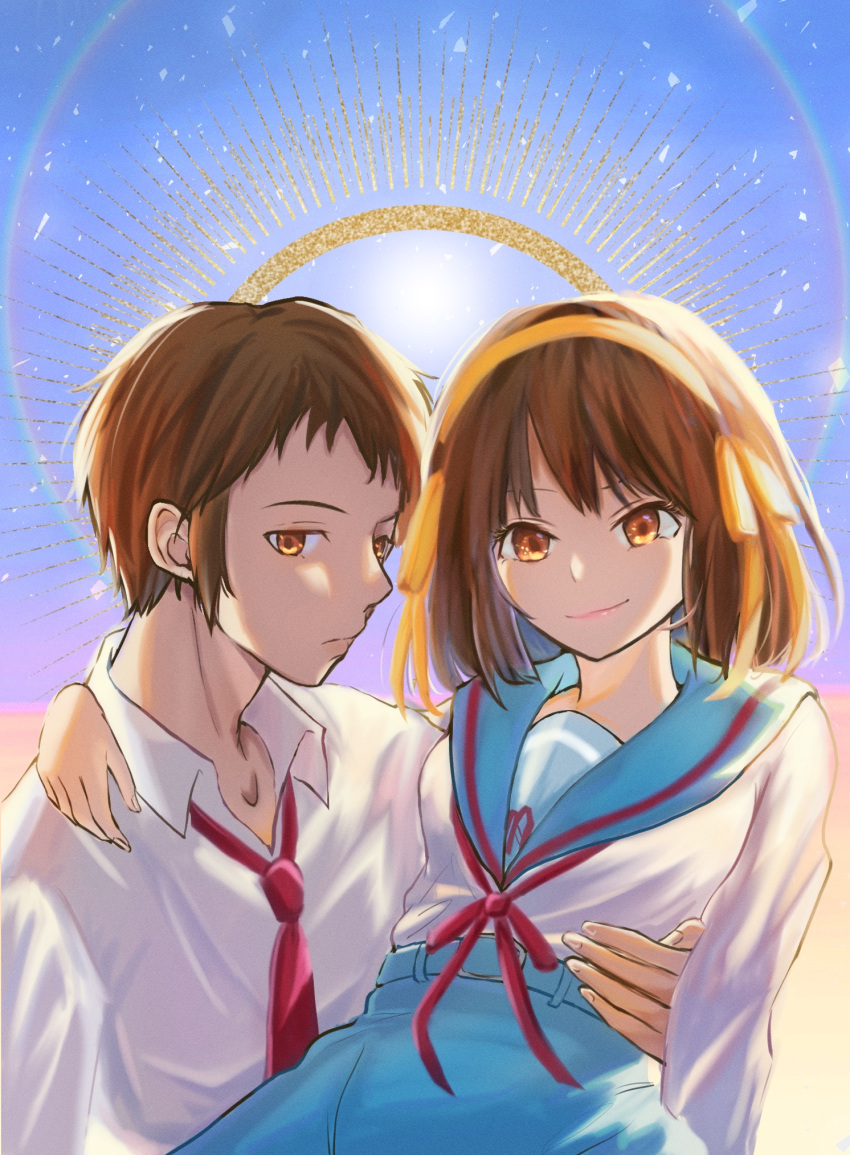 1boy 1girl belt blue_belt blue_sailor_collar blue_skirt breasts brown_eyes brown_hair closed_mouth collared_shirt commentary couple eequal_mc2 from_side hair_ribbon hairband hetero highres kita_high_school_uniform kyon long_sleeves looking_at_viewer medium_hair neck_ribbon necktie red_necktie red_ribbon ribbon sailor_collar sailor_shirt school_uniform shirt short_hair skirt small_breasts smile suzumiya_haruhi suzumiya_haruhi_no_yuuutsu symbol-only_commentary upper_body very_short_hair white_shirt yellow_hairband yellow_ribbon
