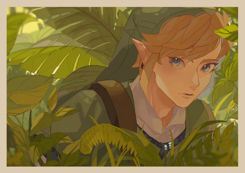 1boy armor bangs blonde_hair blue_eyes border chainmail foliage grass green_headwear green_tunic highres leaf link male_focus outdoors pisu_1107 plant pointy_ears shirt short_hair solo swept_bangs the_legend_of_zelda upper_body white_shirt