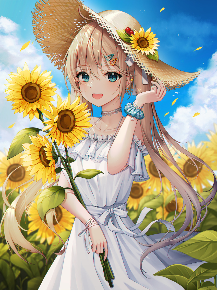 1girl :d aqua_eyes bangs bead_bracelet beads blonde_hair blue_scrunchie blue_sky blush bracelet brown_headwear choker clouds commentary day dress eyelashes falling_petals field flower flower_field frilled_dress frills hair_between_eyes hair_ornament hairclip hand_up hat hat_flower highres holding holding_flower jewelry lace lace_choker leaf long_hair looking_at_viewer nowsicaa open_mouth original outdoors petals ribbon scrunchie sidelocks sky sleeveless sleeveless_dress smile solo standing straw_hat sun_hat sundress sunflower symbol-only_commentary teeth twintails upper_teeth very_long_hair white_choker white_dress white_ribbon wrist_scrunchie yellow_flower