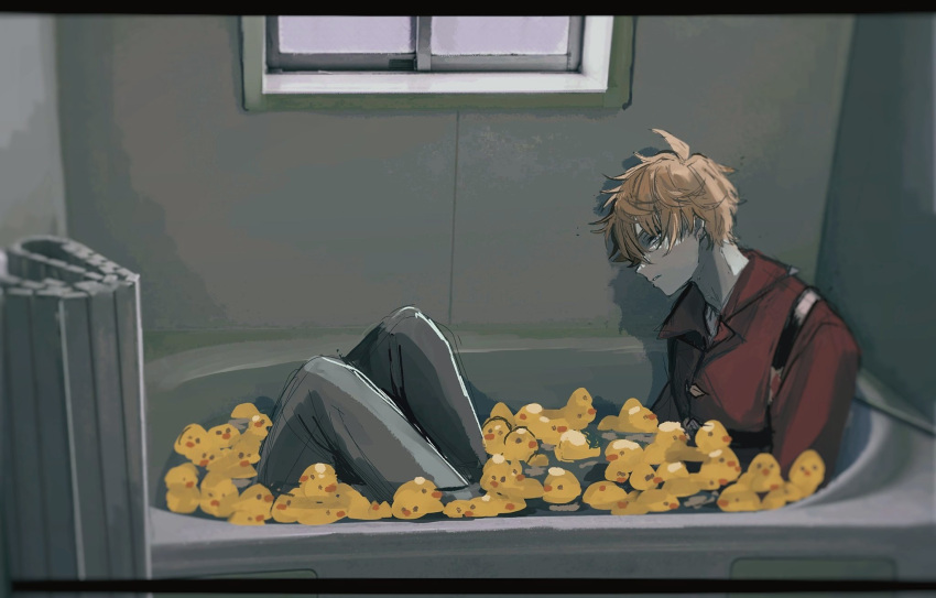 1boy bangs bathroom bathtub clothed_bath commentary_request genshin_impact grey_pants hair_between_eyes highres indoors looking_at_viewer male_focus orange_hair pants parted_lips ponpo321 red_shirt rubber_duck shirt sitting solo tartaglia_(genshin_impact) water window