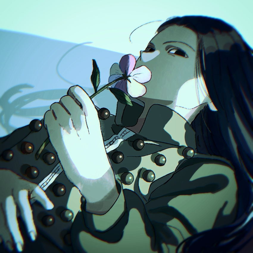 1boy black_eyes black_hair empty_eyes expressionless flower flower_to_mouth hand_on_own_stomach hand_up highres holding holding_flower hunter_x_hunter illumi_zoldyck leaf long_hair long_sleeves looking_at_viewer lying muted_color no_bangs on_back solo thicopoyo zipper