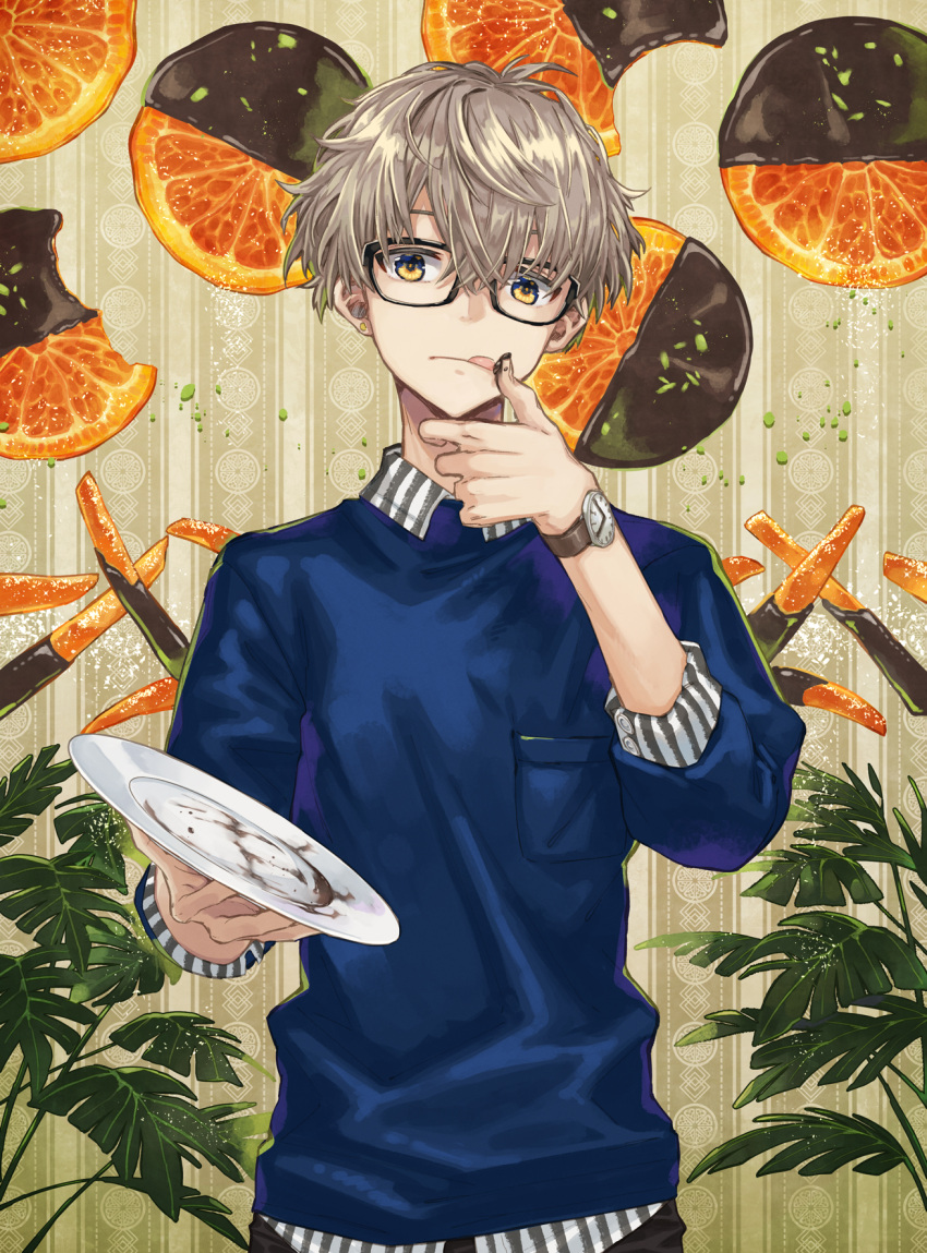 1boy black-framed_eyewear black_pants blue_shirt breast_pocket chocolate chocolate_on_hand collared_shirt earrings food food-themed_background food_on_hand fruit glasses grey_hair hair_between_eyes highres holding holding_plate jewelry licking licking_finger looking_at_viewer male_focus mito_itsuki mixed-language_commentary orange_(fruit) orange_slice orangette original pants patterned_background pistachio plant plate pocket shirt short_hair single_earring solo striped striped_shirt stud_earrings sweatshirt thumbs_up tongue tongue_out upper_body watch watch white_shirt yellow_eyes