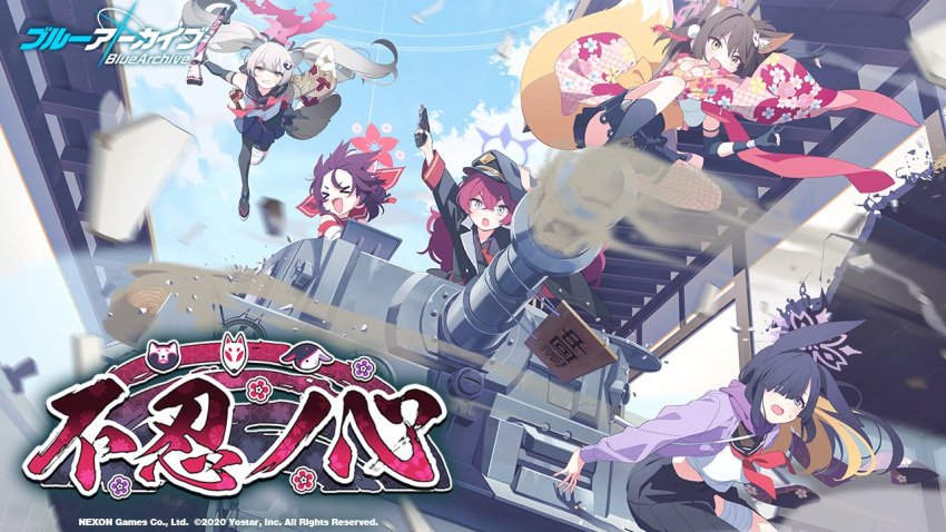 5girls bangs blue_archive dorontabi ground_vehicle gun halo long_hair long_sleeves military military_vehicle motor_vehicle multiple_girls official_art open_mouth outdoors tank twintails uniform weapon