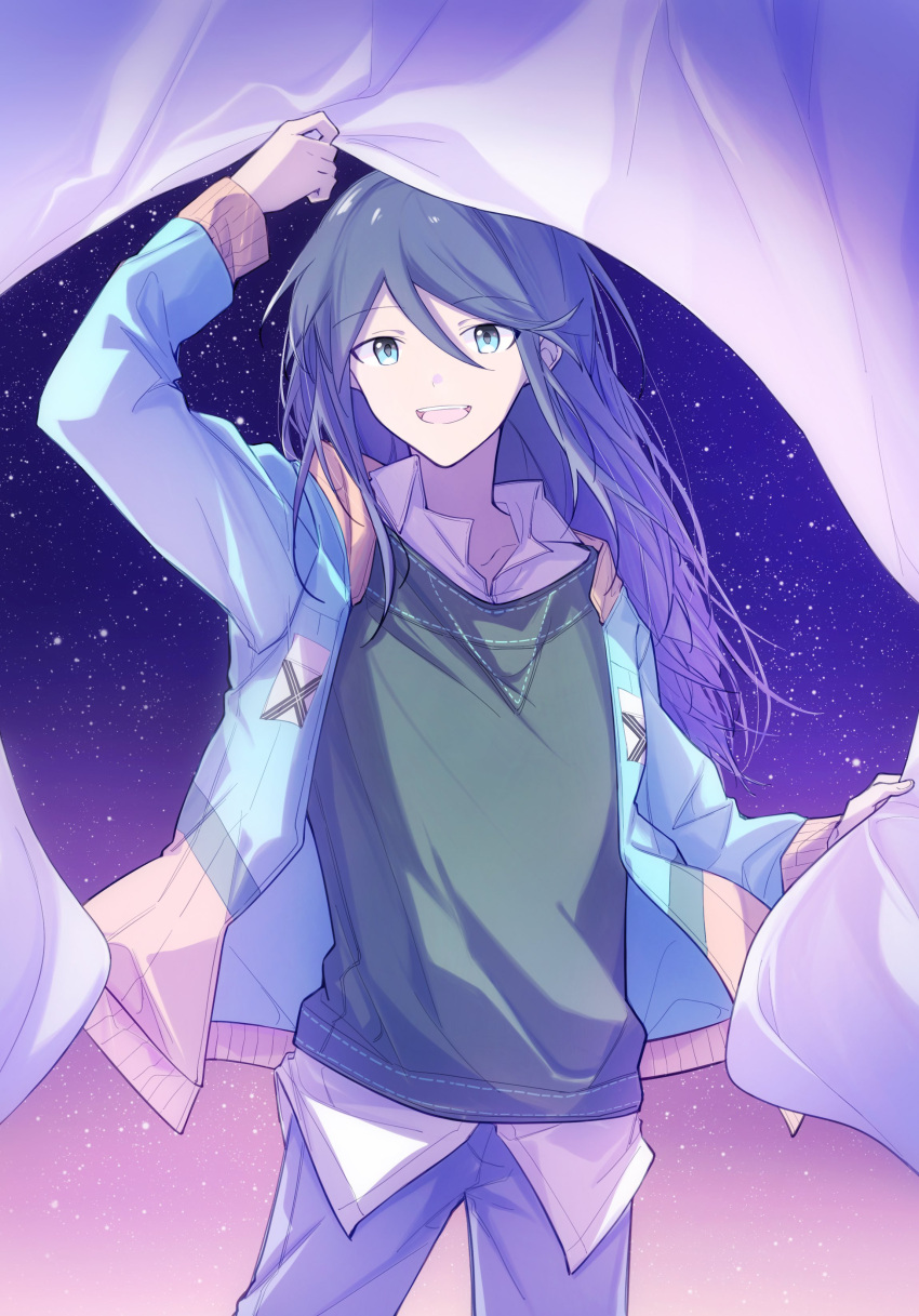 1girl :d absurdres bangs black_hair blue_eyes blue_jacket collarbone collared_shirt cowboy_shot denim flat_chest floating_hair gradient gradient_sky green_sweater happy hibioes highres hoshino_ichika_(project_sekai) jacket jeans long_hair looking_at_viewer night night_sky open_clothes open_jacket open_mouth pants pink_sky project_sekai purple_sky shirt sky smile solo star_(sky) starry_sky sweater swept_bangs teeth tsurime upper_teeth white_shirt