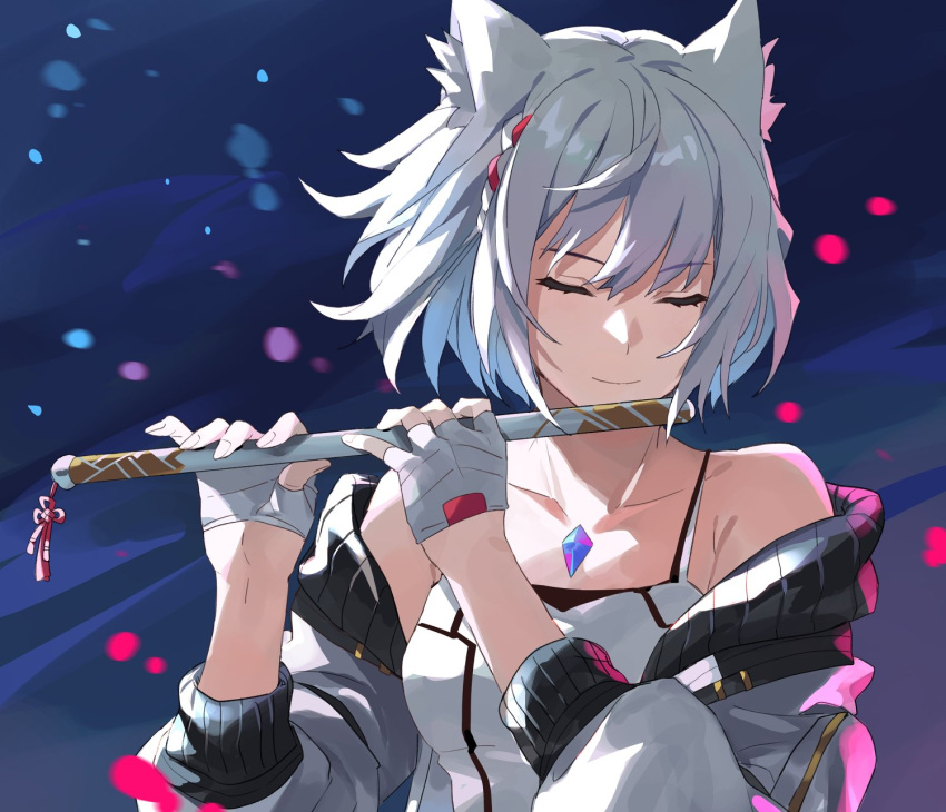 1girl animal_ears bangs breasts camisole cat_ears chest_jewel closed_eyes flute highres holding instrument jacket kamu_(kamuuei) mio_(xenoblade) music playing_instrument short_hair shoulder_strap skirt smile solo tank_top white_camisole white_hair white_jacket white_skirt white_tank_top xenoblade_chronicles_(series) xenoblade_chronicles_3 yellow_eyes